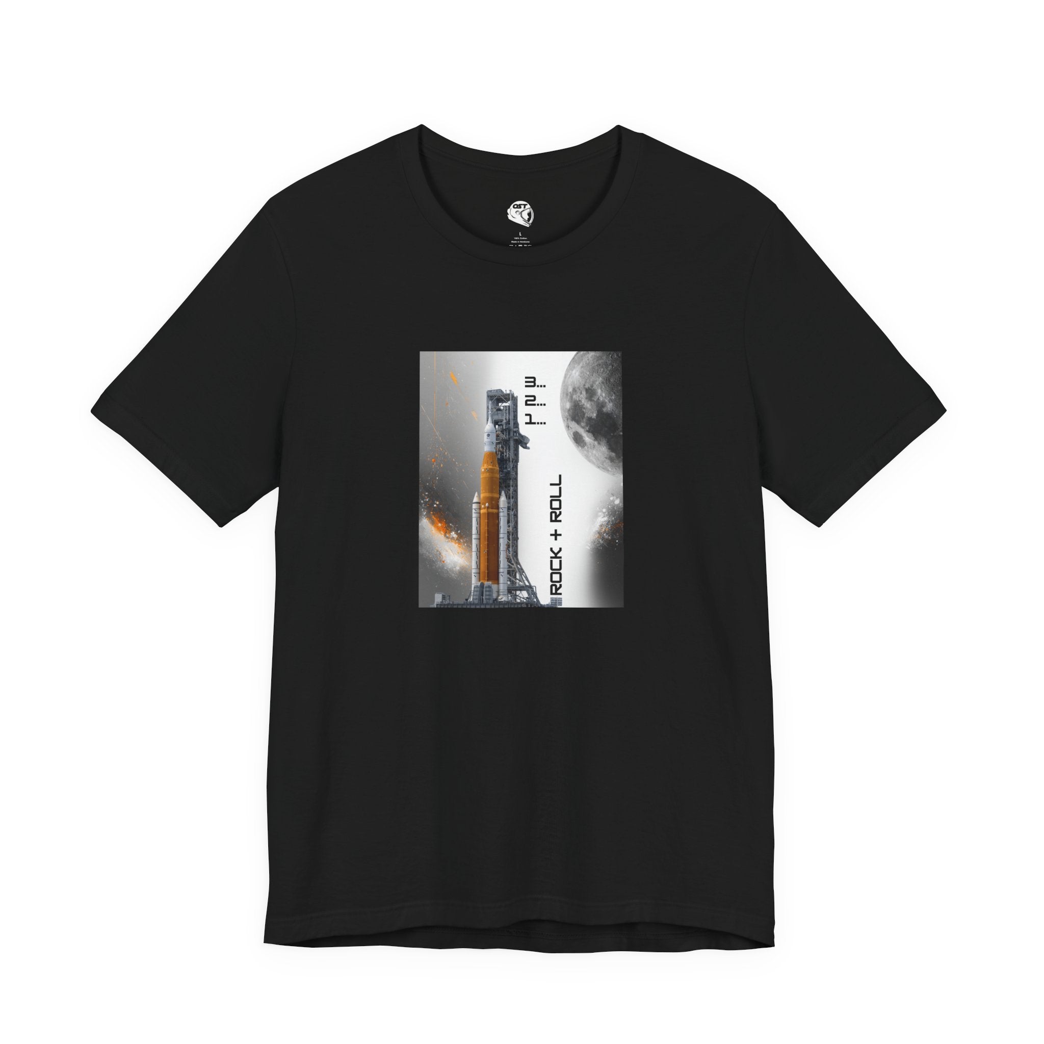 Artemis Rocket on Smoky Launchpad with Moon T-shirt | Space Launch Graphic Tee
