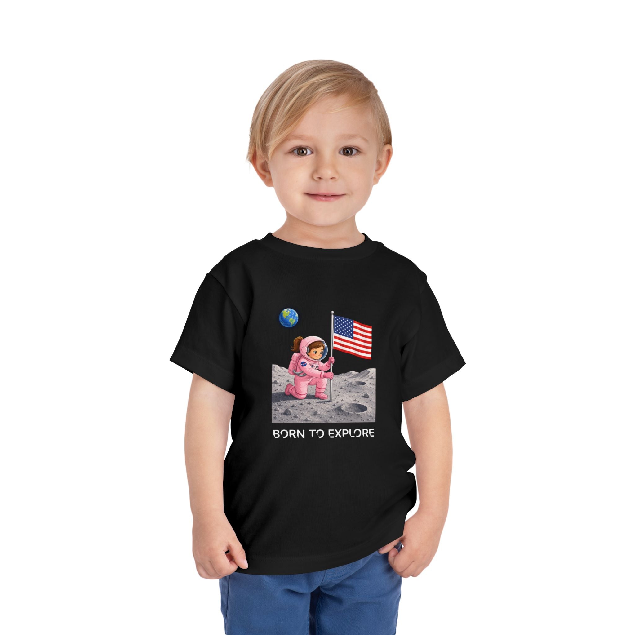 Toddler Astronaut Moon Tee – Pink Space Explorer with American Flag