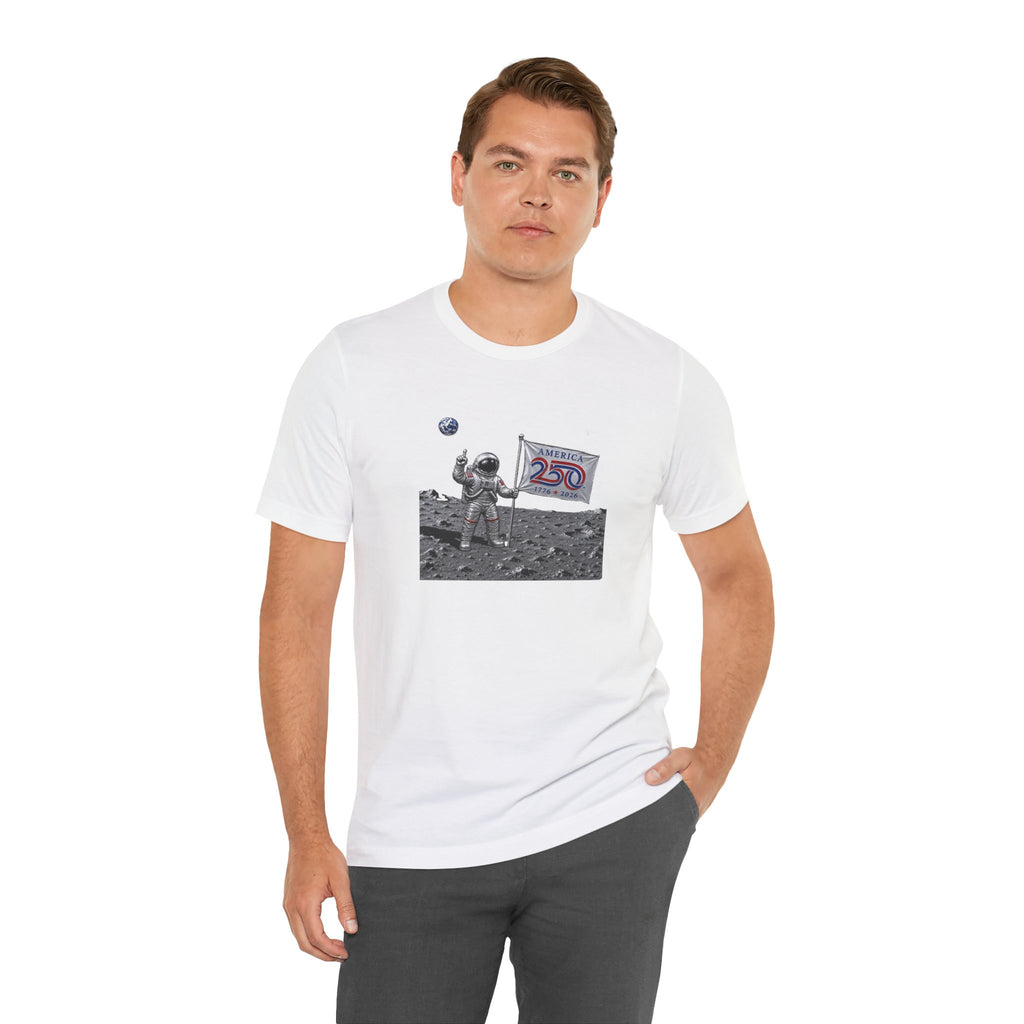 Astronaut Moon Landing Tee — "America 250" Flag Space Graphic Shirt
