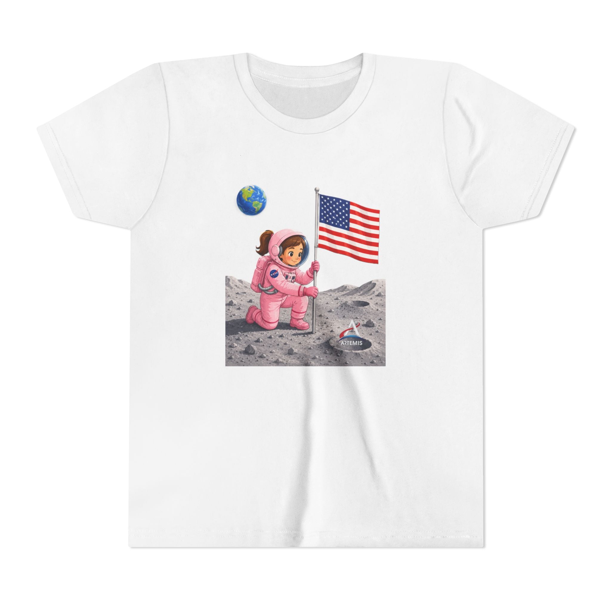 Kids Astronaut Moon Tee – Pink Space Explorer with American Flag