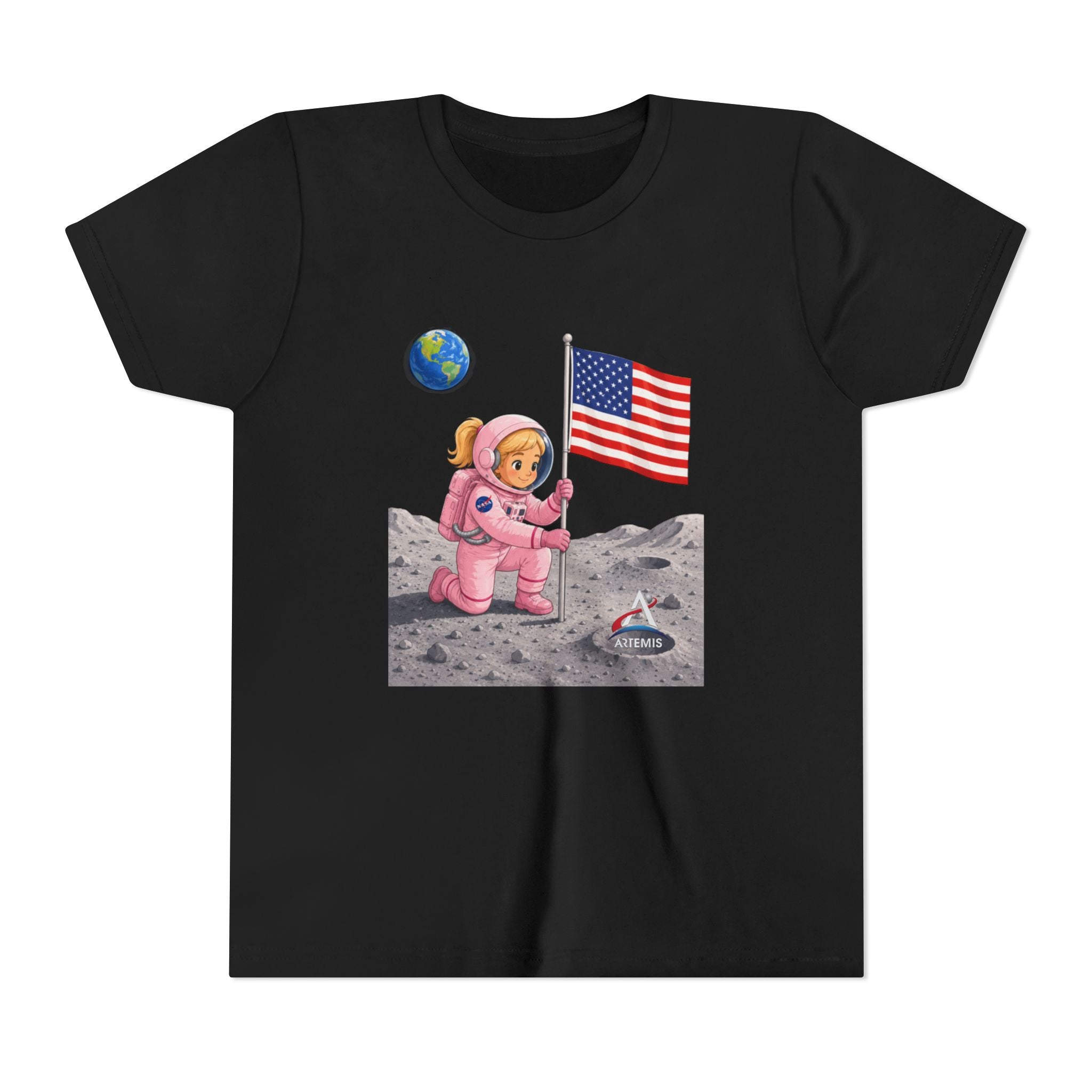 Kids Astronaut Moon Tee – Pink Space Explorer with American Flag (Blonde)
