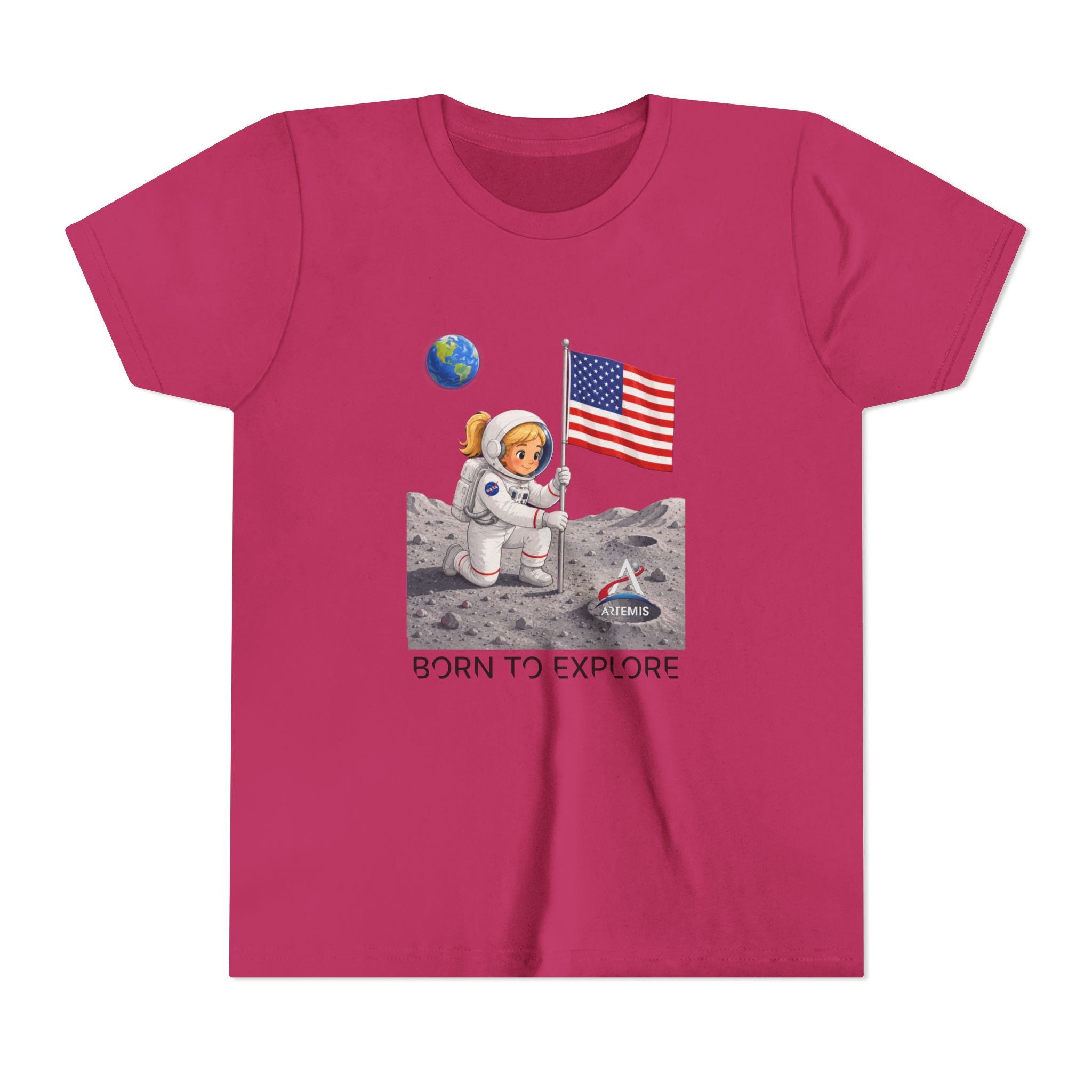 Kids Astronaut Moon Tee – Pink Space Explorer with American Flag (Blonde)