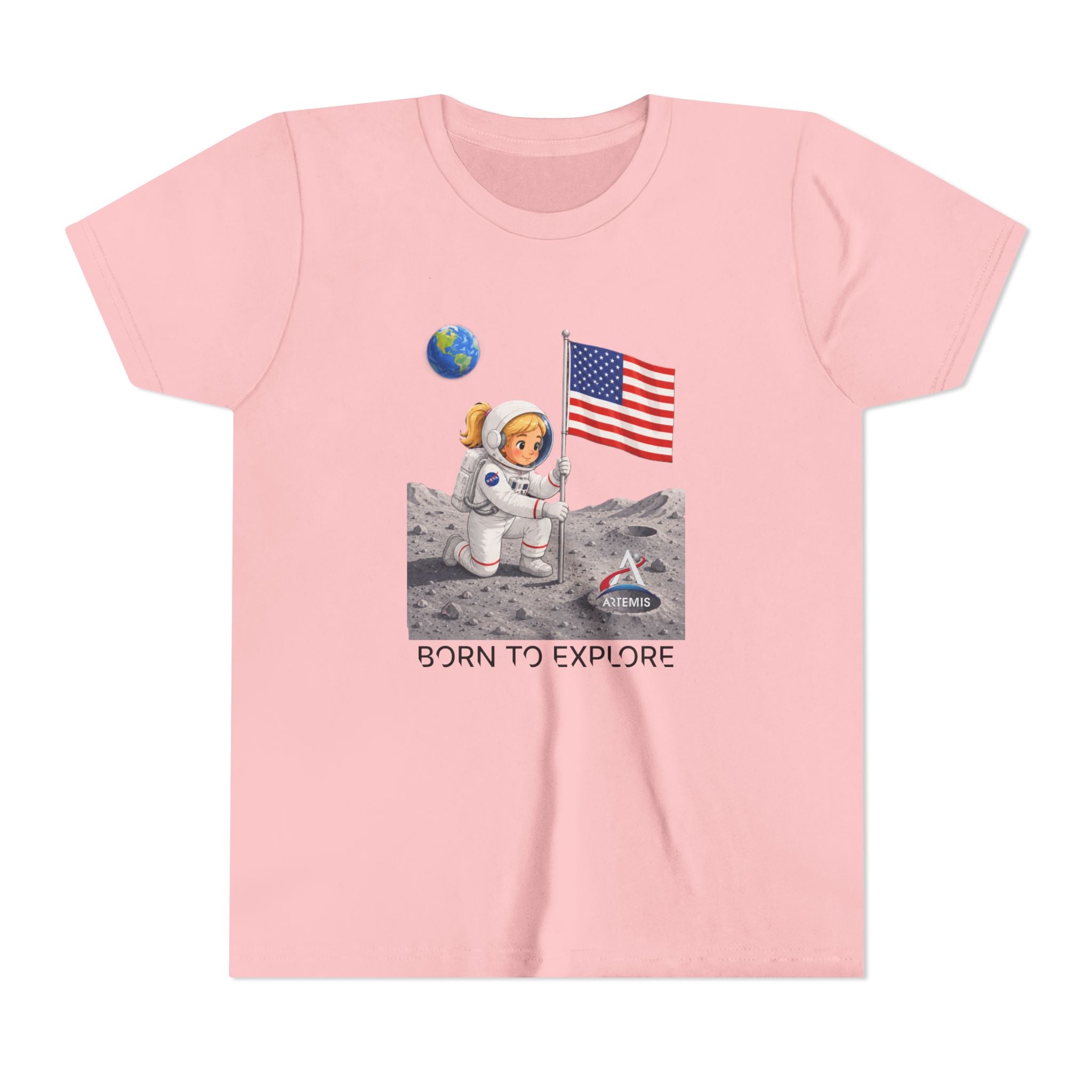 Kids Astronaut Moon Tee – Pink Space Explorer with American Flag (Blonde)