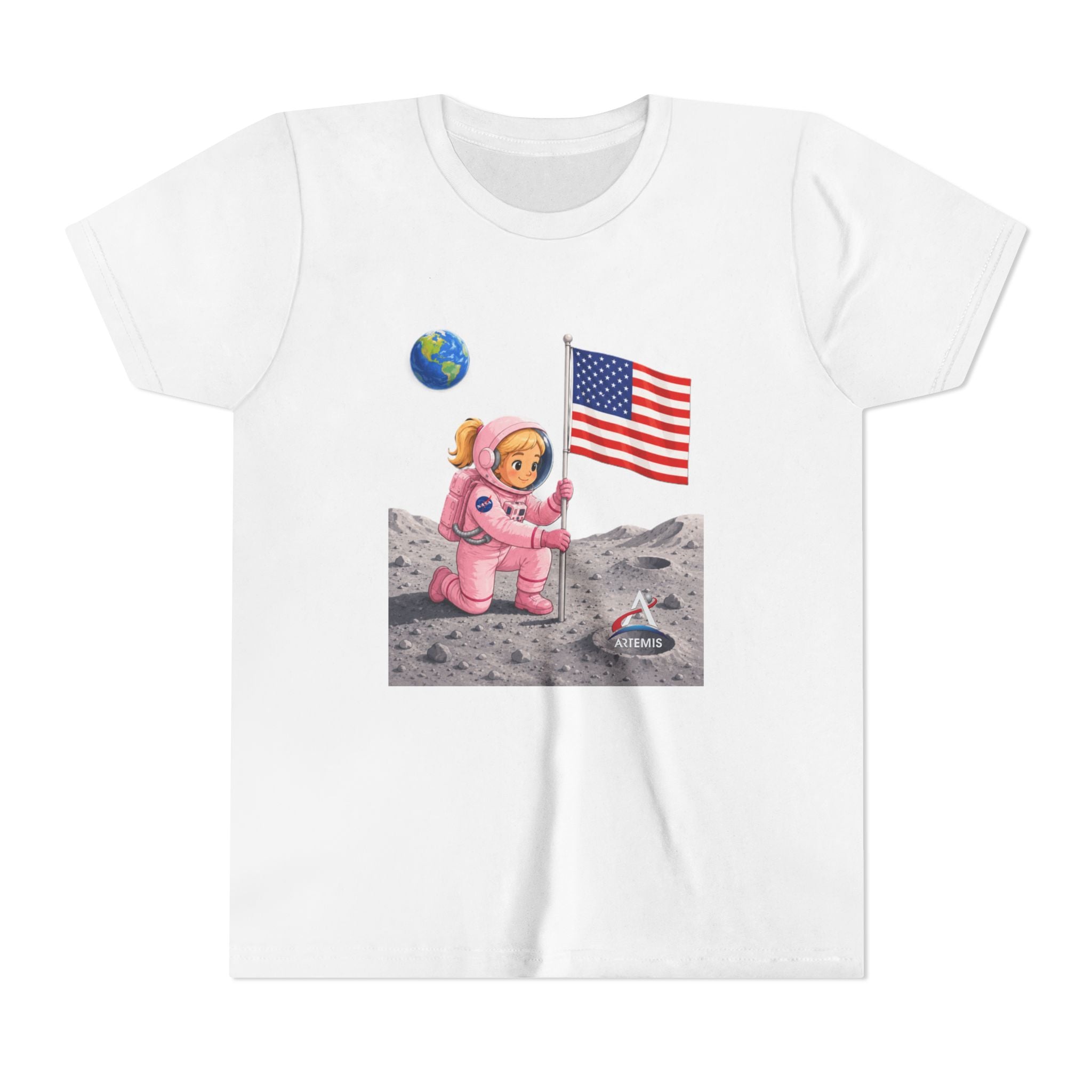 Kids Astronaut Moon Tee – Pink Space Explorer with American Flag (Blonde)