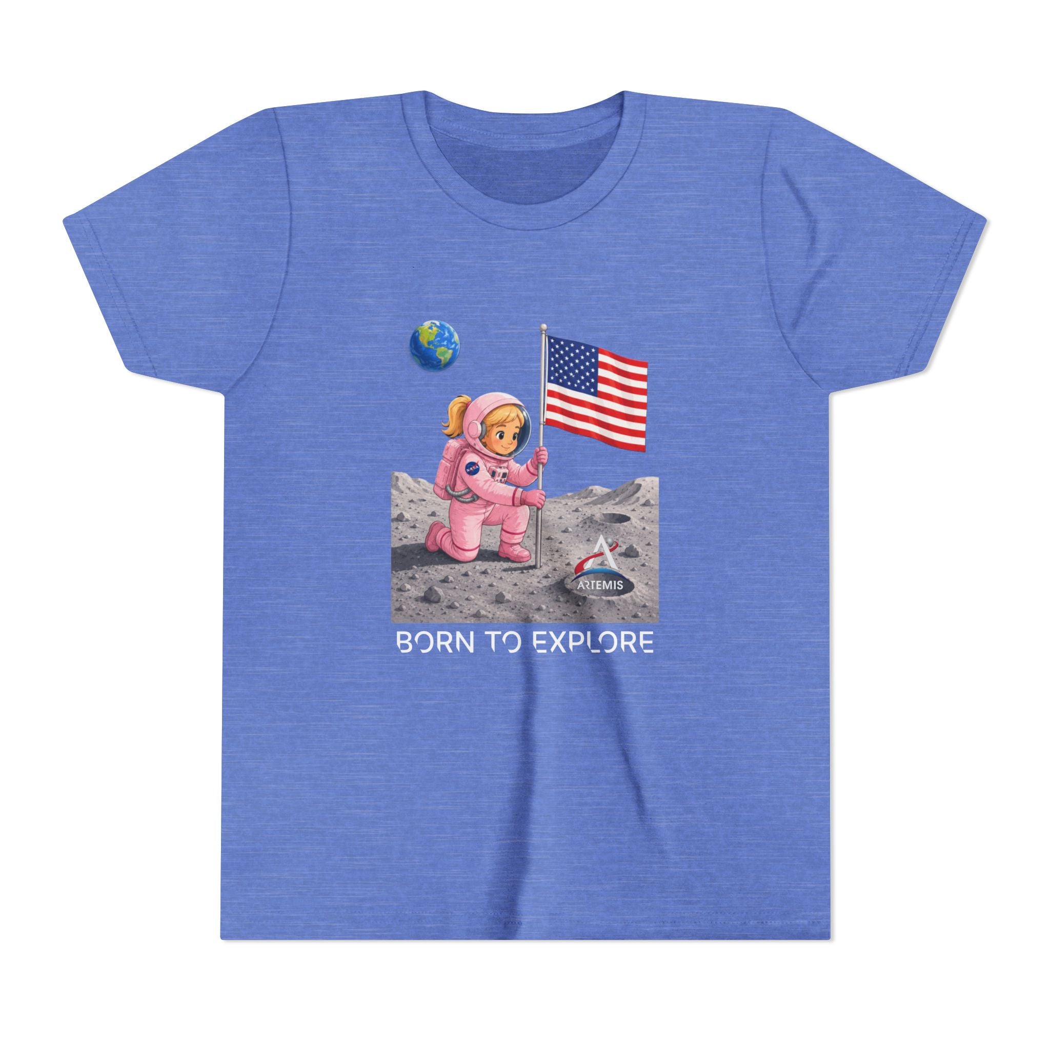 Kids Astronaut Moon Tee – Pink Space Explorer with American Flag (Blonde)