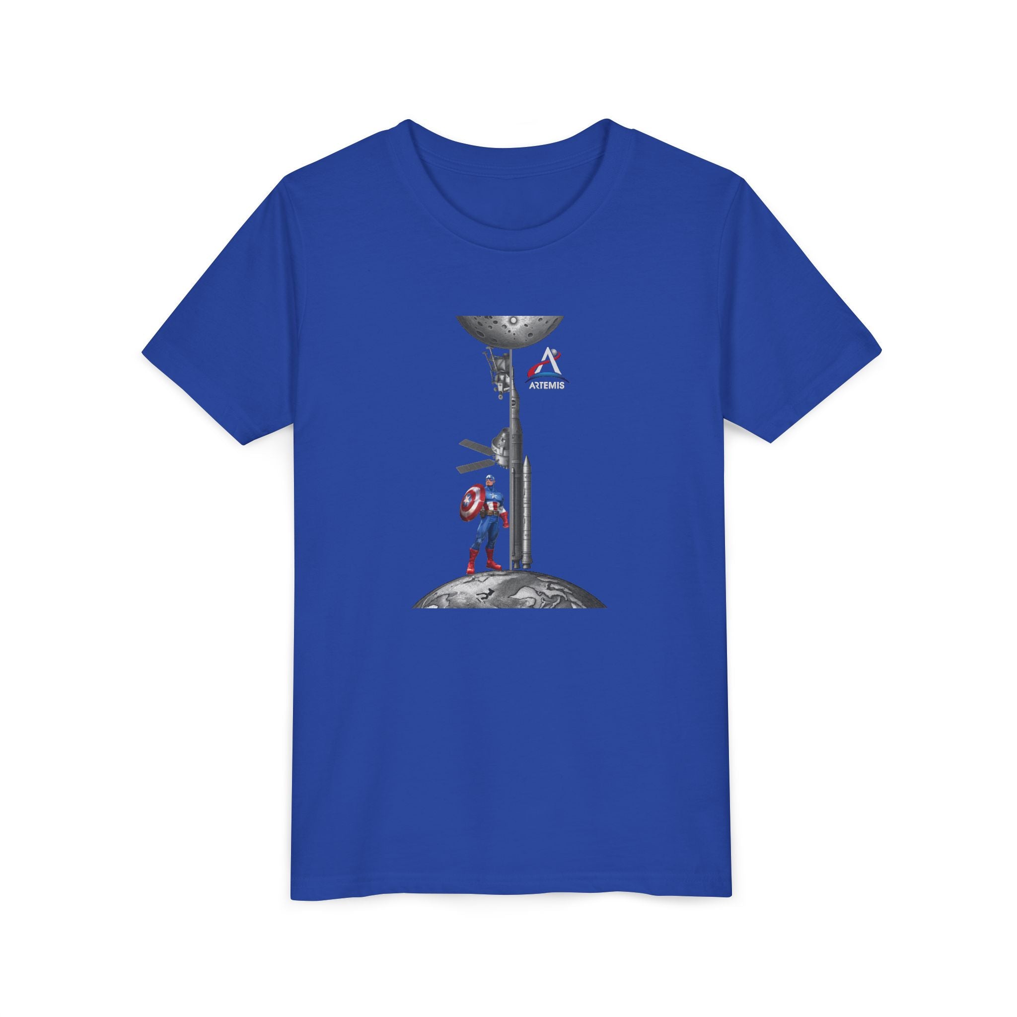 Superhero Shield Kid Tee | Space Elevator Astronaut Graphic