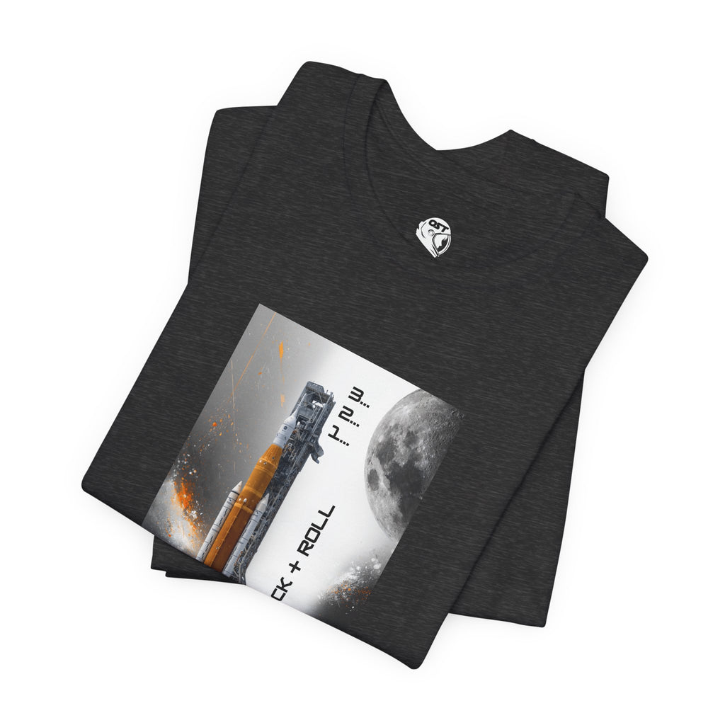 Artemis Rocket on Smoky Launchpad with Moon T-shirt | Space Launch Graphic Tee