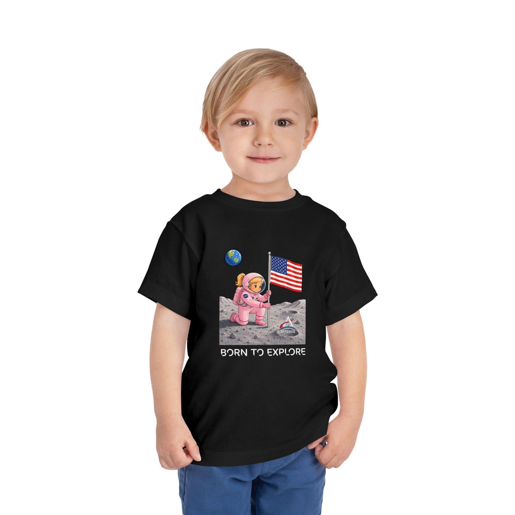 Toddler Astronaut Moon Tee – Pink Space Explorer with American Flag (Blonde)
