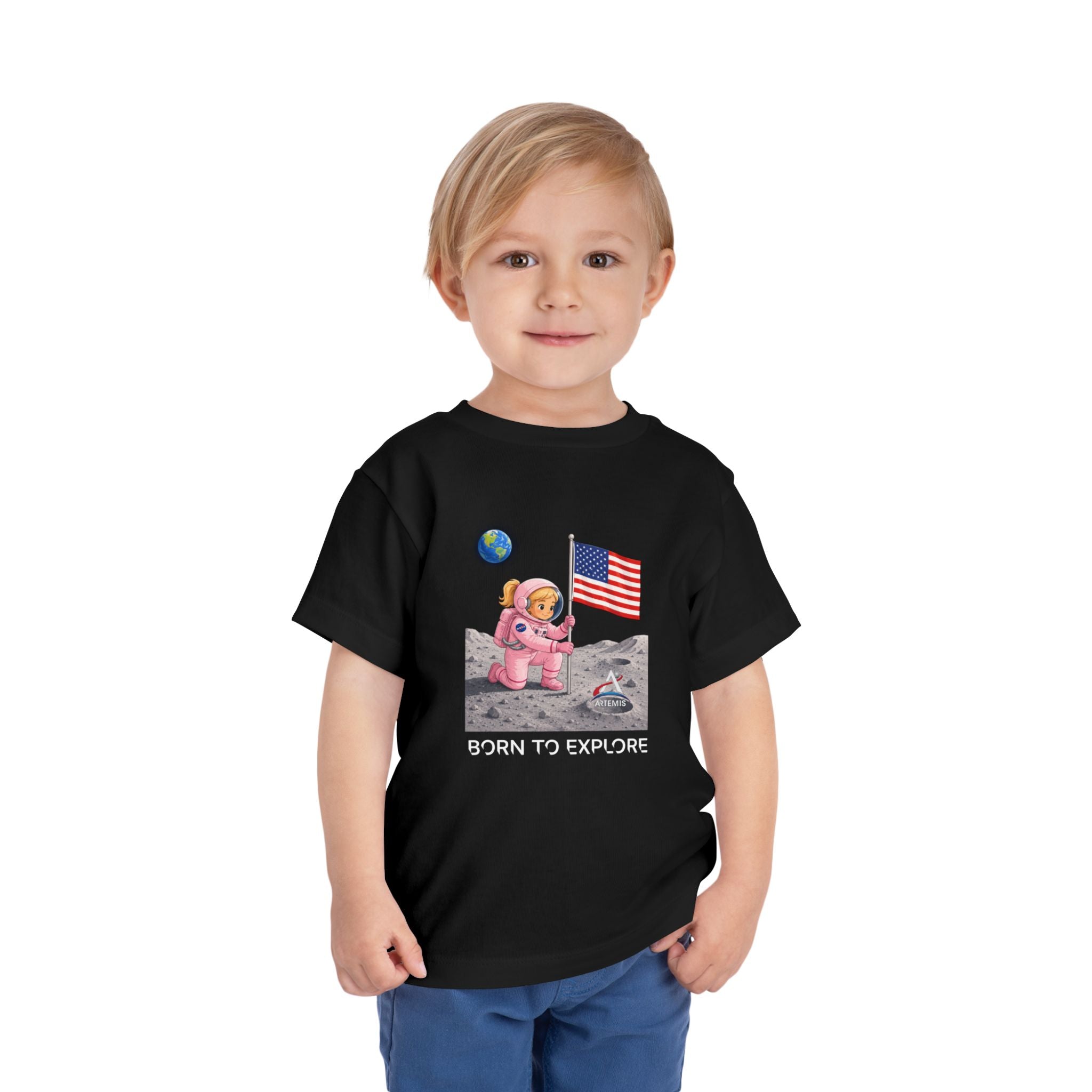 Toddler Astronaut Moon Tee – Pink Space Explorer with American Flag (Blonde)