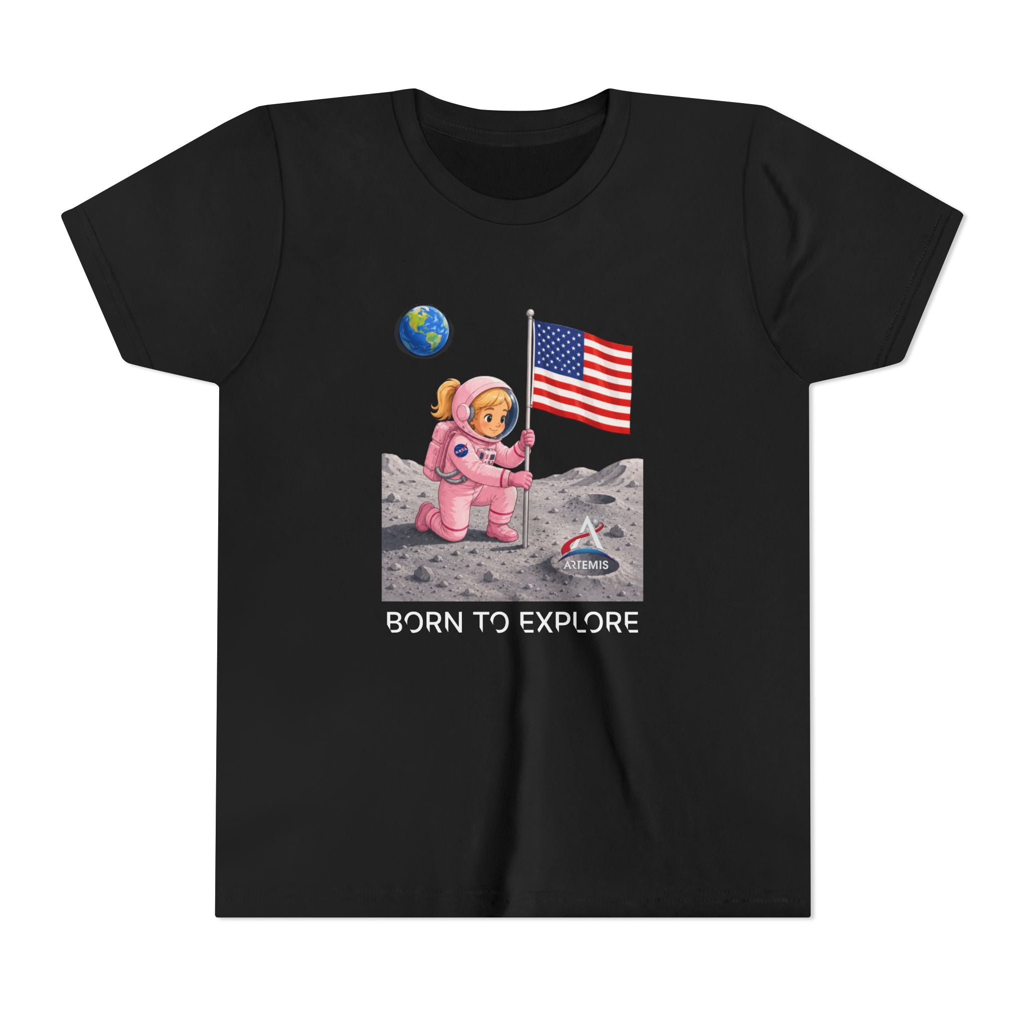 Kids Astronaut Moon Tee – Pink Space Explorer with American Flag (Blonde)