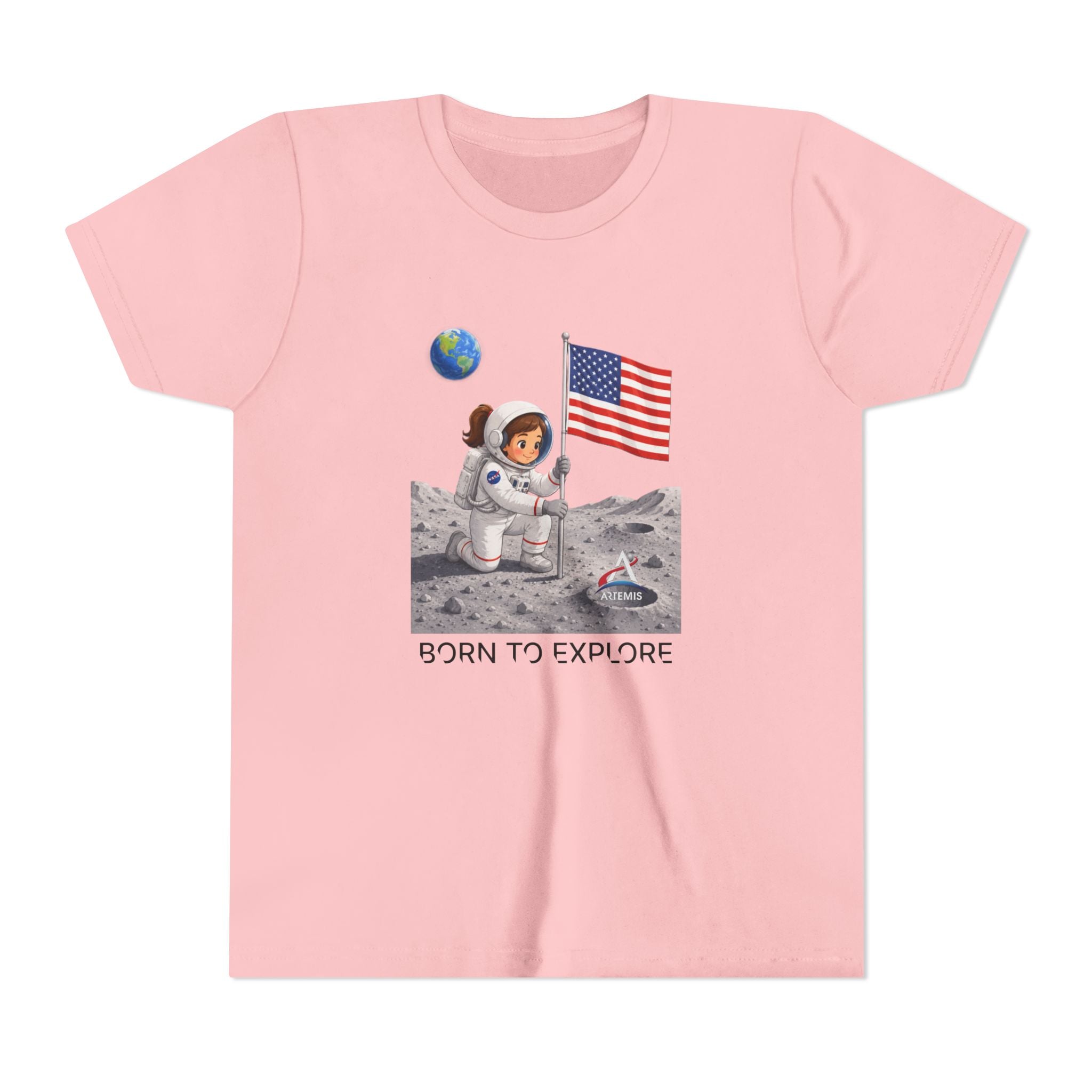 Kids Astronaut Moon Tee – Pink Space Explorer with American Flag