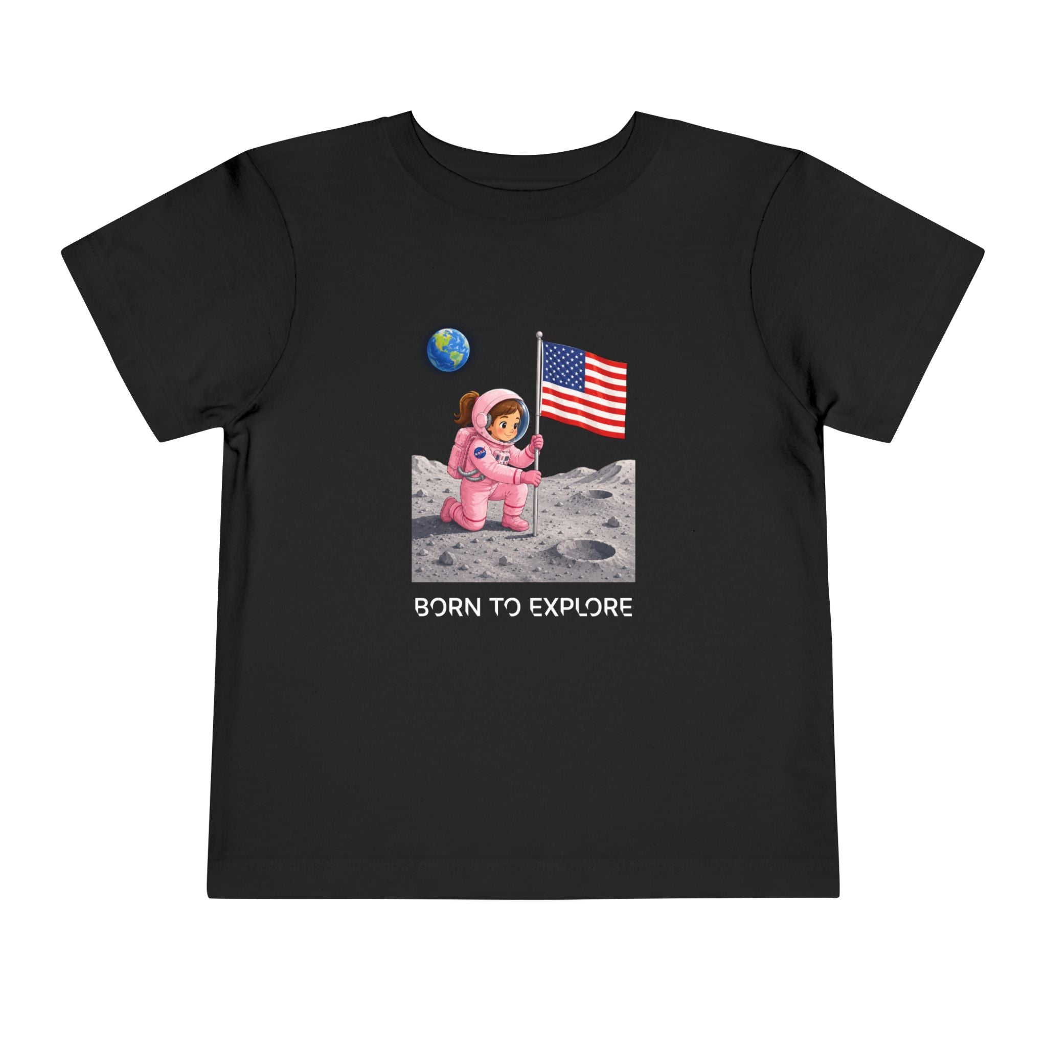 Toddler Astronaut Moon Tee – Pink Space Explorer with American Flag