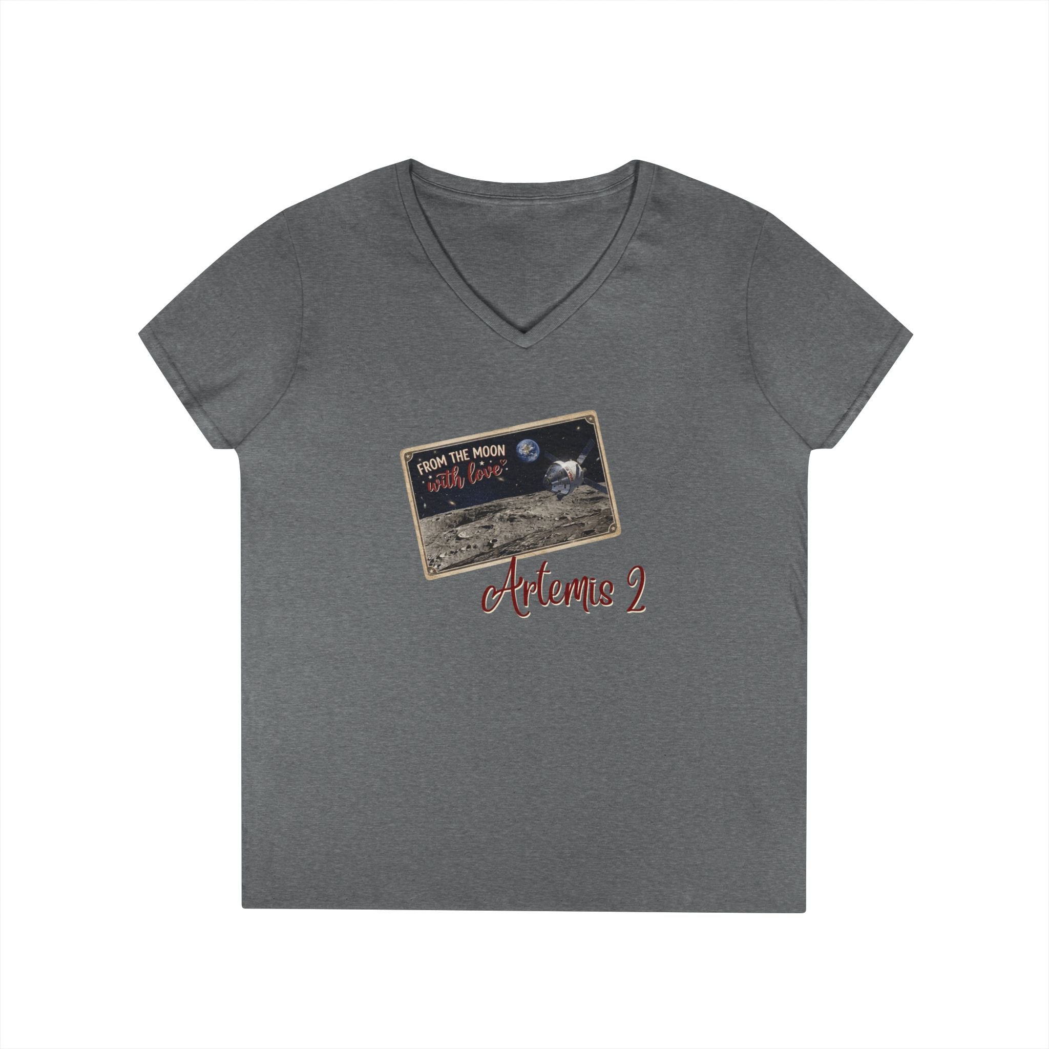 Artemis 2 Moon Postcard V-Neck T-Shirt | Lunar Mission Shirt