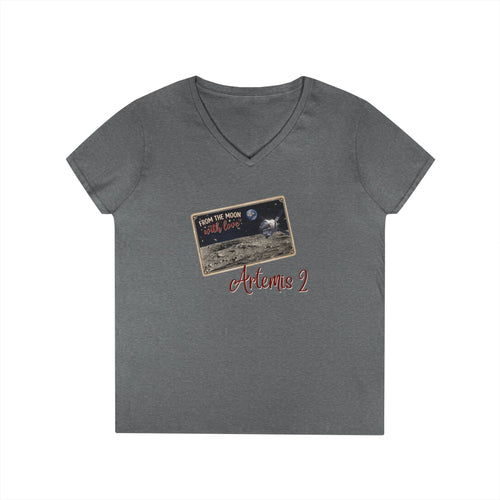 Artemis 2 Moon Postcard V-Neck T-Shirt | Lunar Mission Shirt