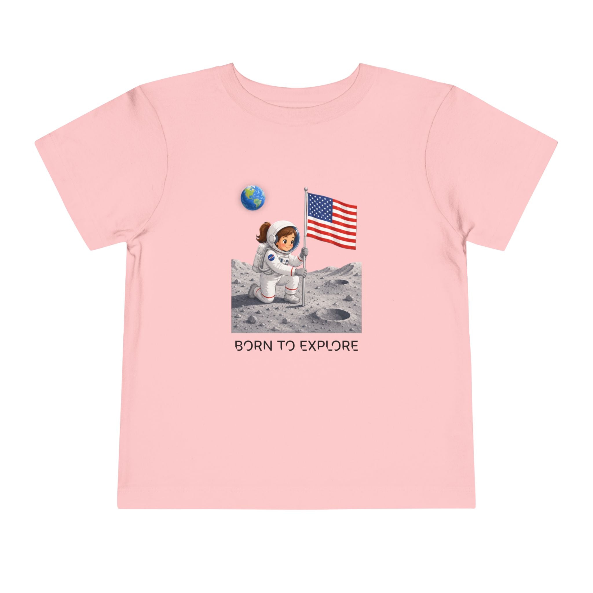 Toddler Astronaut Moon Tee – Pink Space Explorer with American Flag