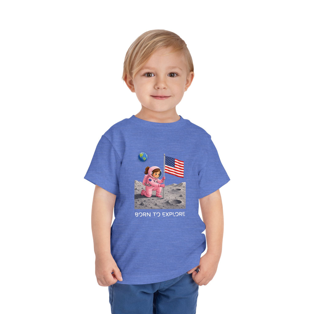 Toddler Astronaut Moon Tee – Pink Space Explorer with American Flag