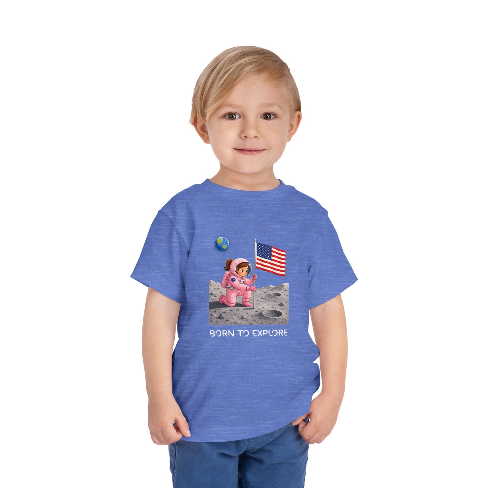 Toddler Astronaut Moon Tee – Pink Space Explorer with American Flag
