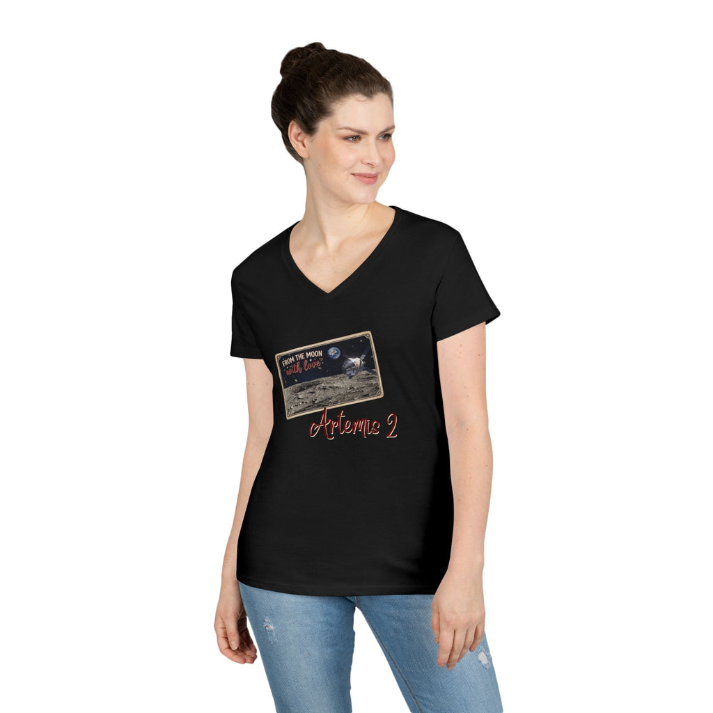 Artemis 2 Moon Postcard V-Neck T-Shirt | Lunar Mission Shirt