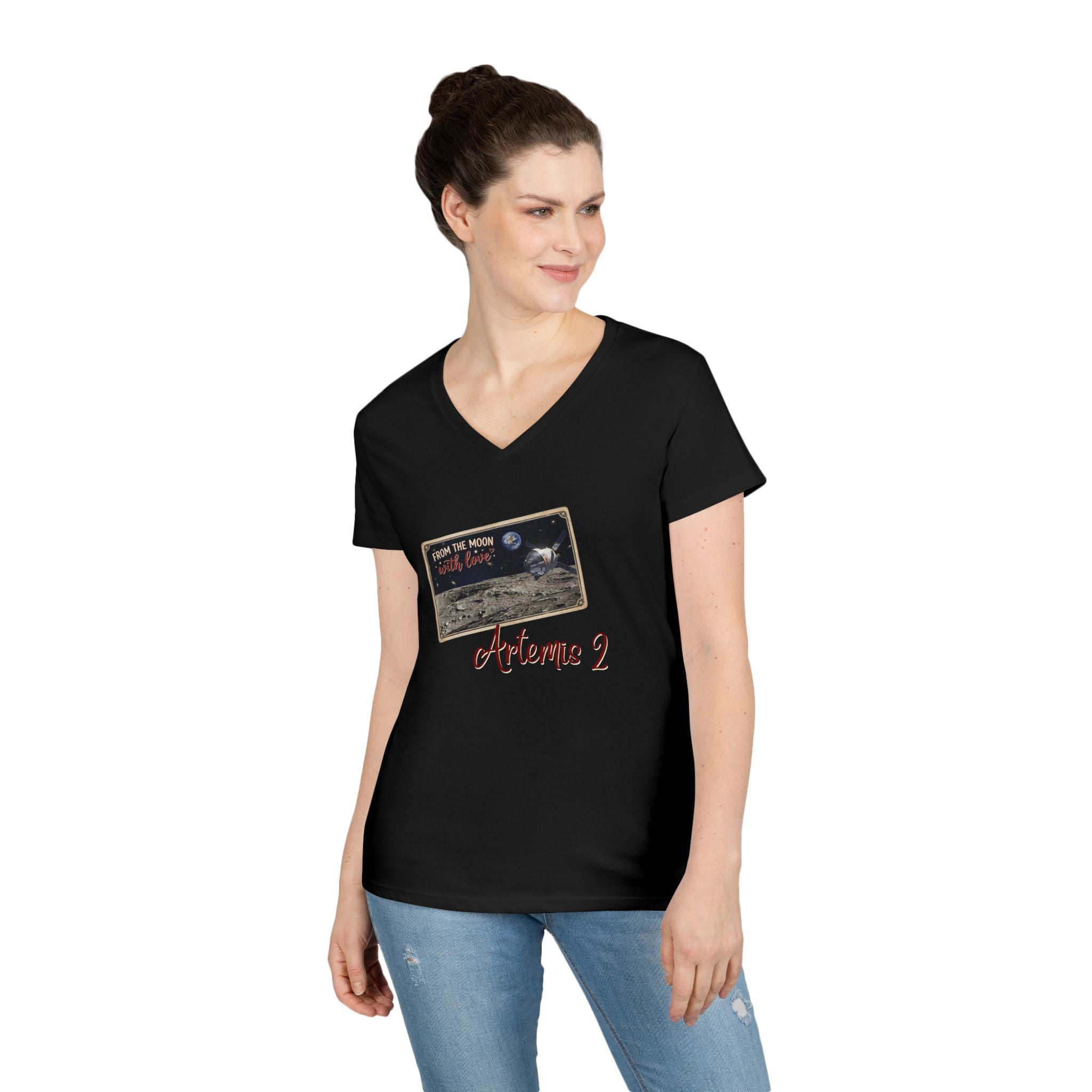 Artemis 2 Moon Postcard V-Neck T-Shirt | Lunar Mission Shirt