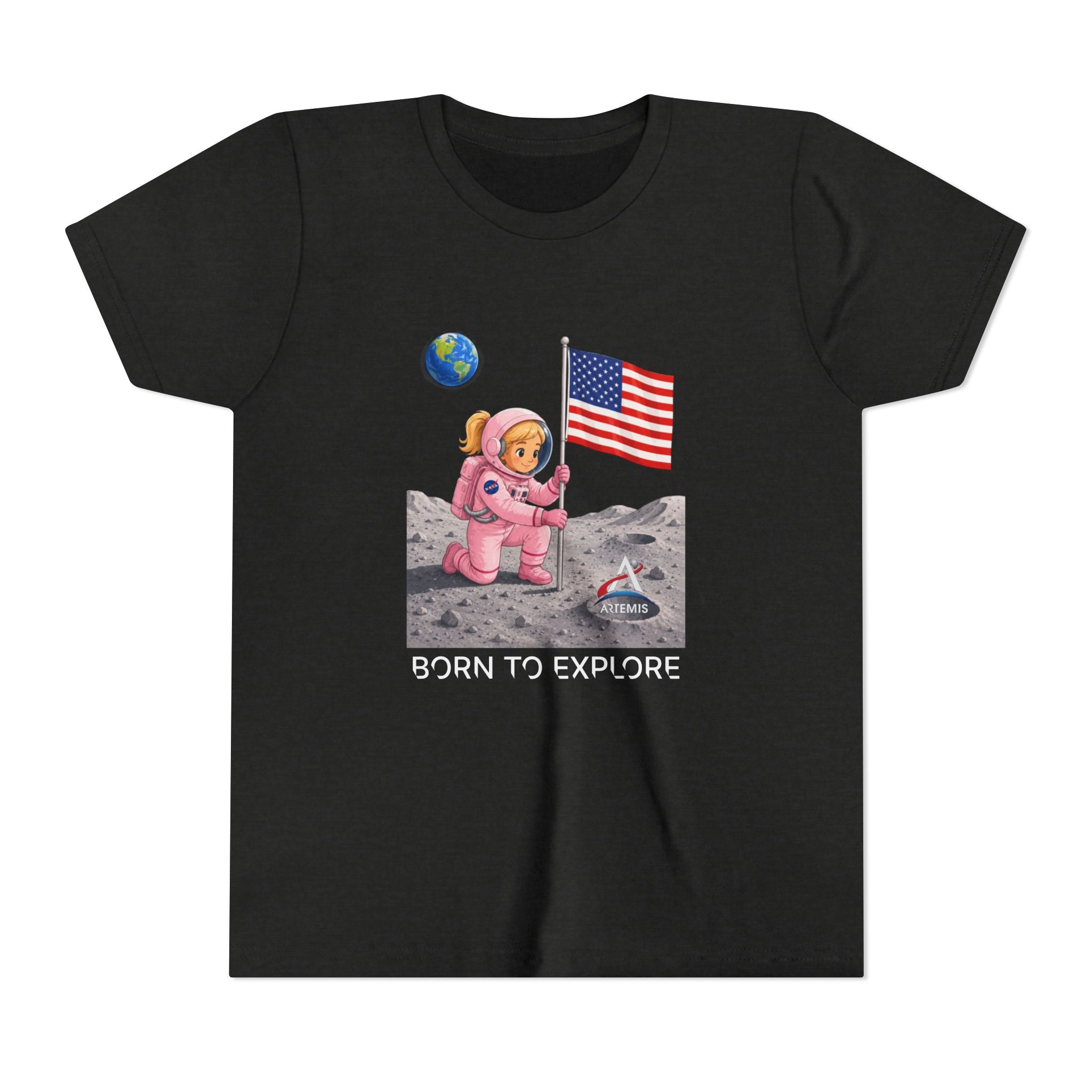 Kids Astronaut Moon Tee – Pink Space Explorer with American Flag (Blonde)