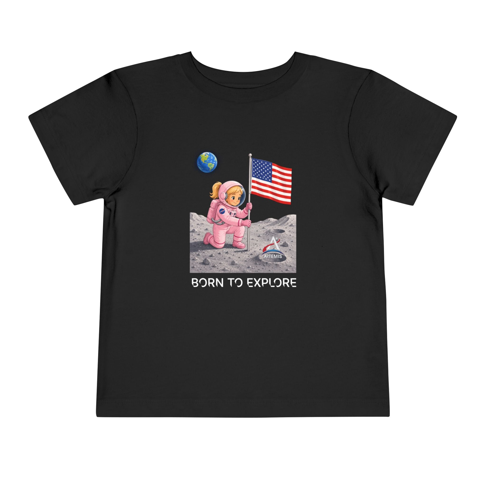 Toddler Astronaut Moon Tee – Pink Space Explorer with American Flag (Blonde)