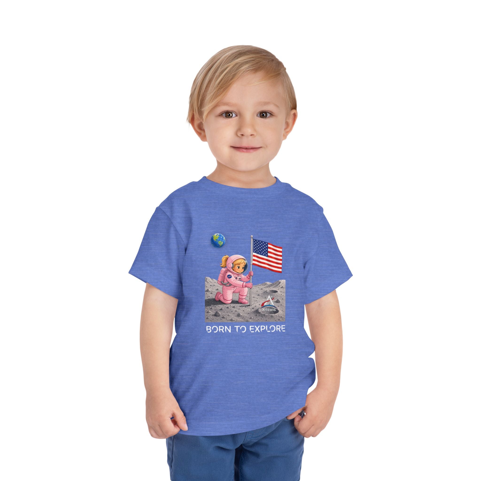 Toddler Astronaut Moon Tee – Pink Space Explorer with American Flag (Blonde)