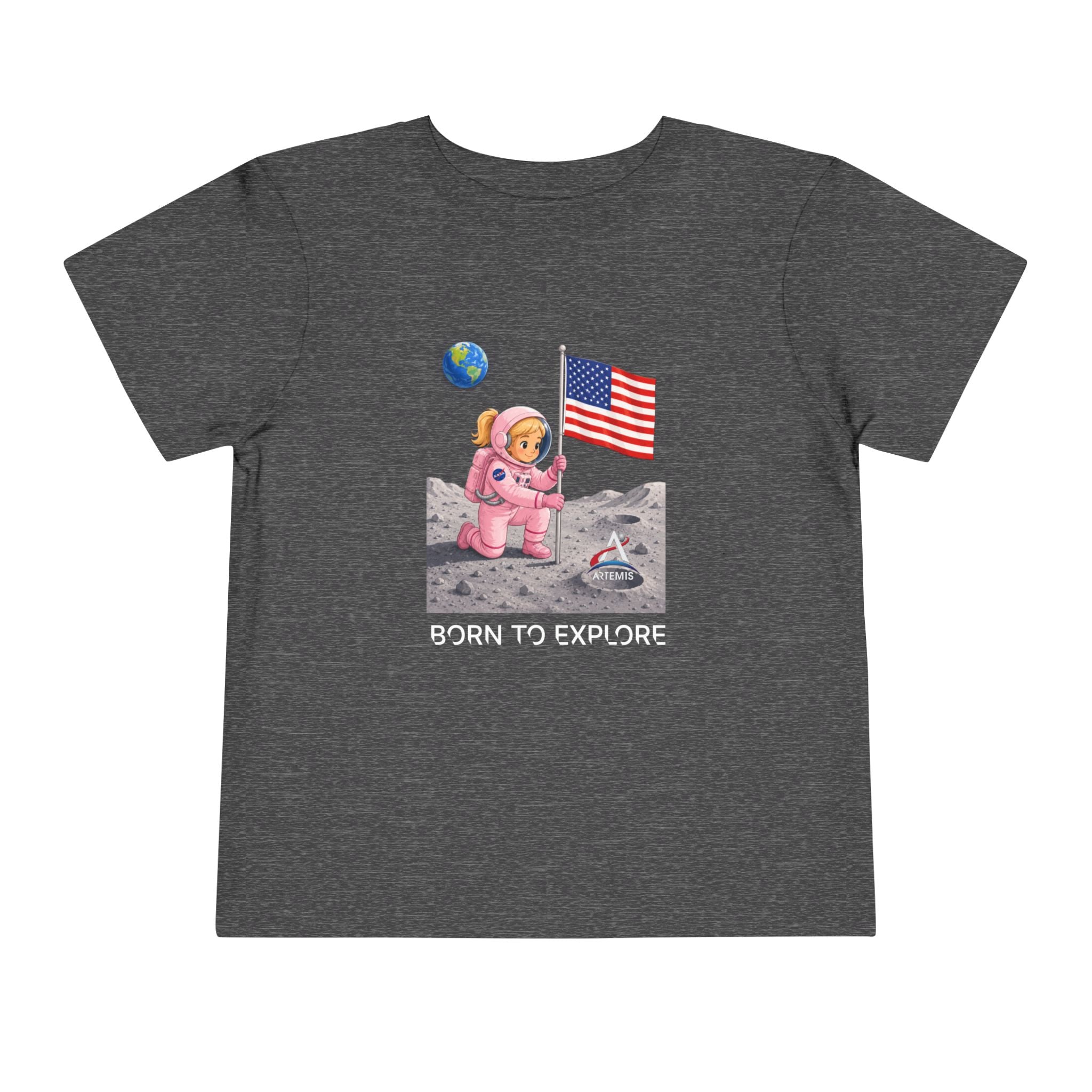 Toddler Astronaut Moon Tee – Pink Space Explorer with American Flag (Blonde)