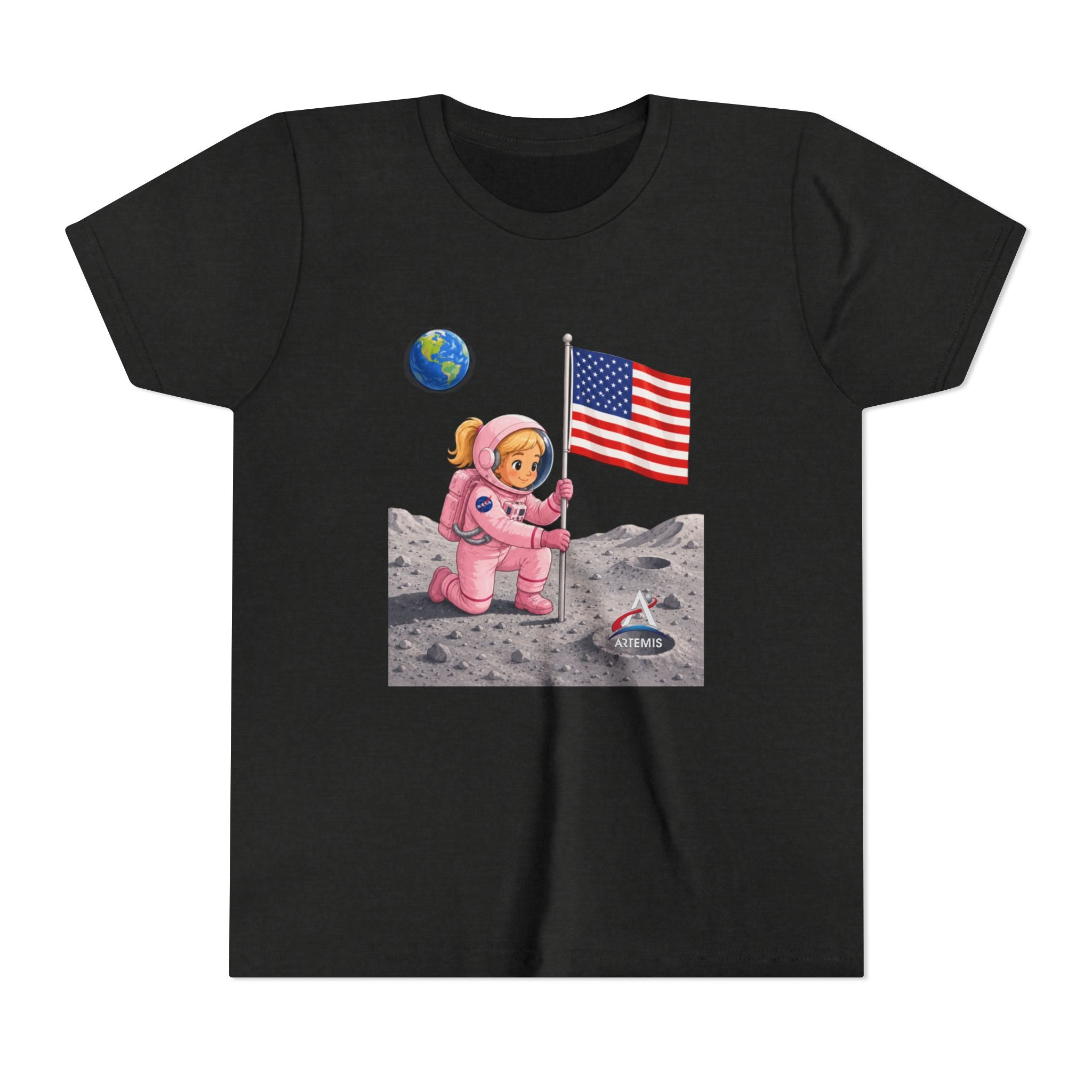 Kids Astronaut Moon Tee – Pink Space Explorer with American Flag (Blonde)