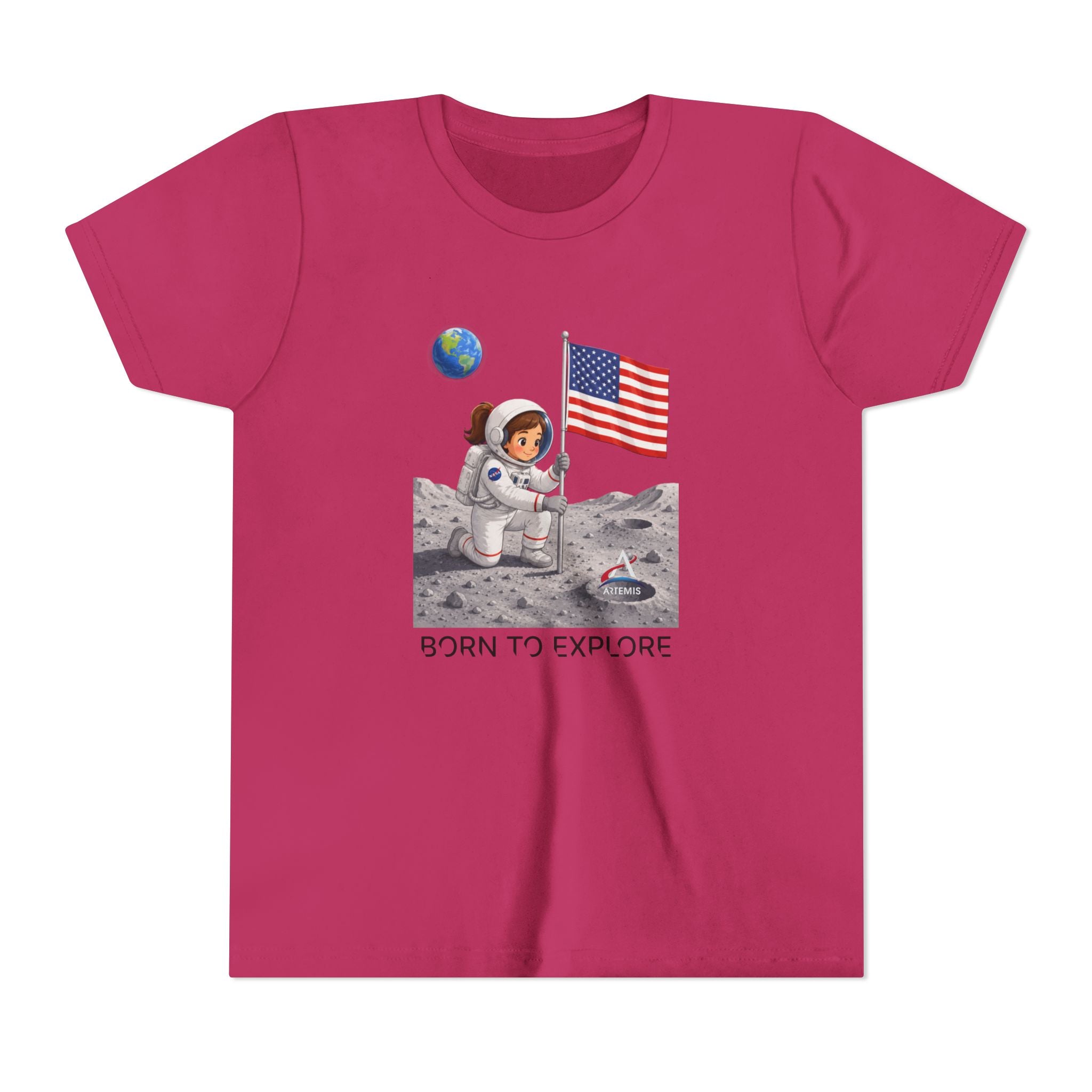 Kids Astronaut Moon Tee – Pink Space Explorer with American Flag