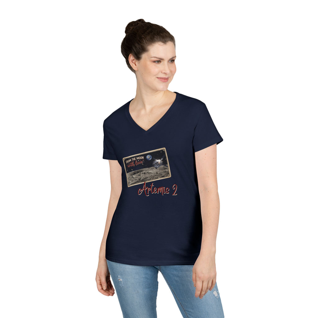 Artemis 2 Moon Postcard V-Neck T-Shirt | Lunar Mission Shirt