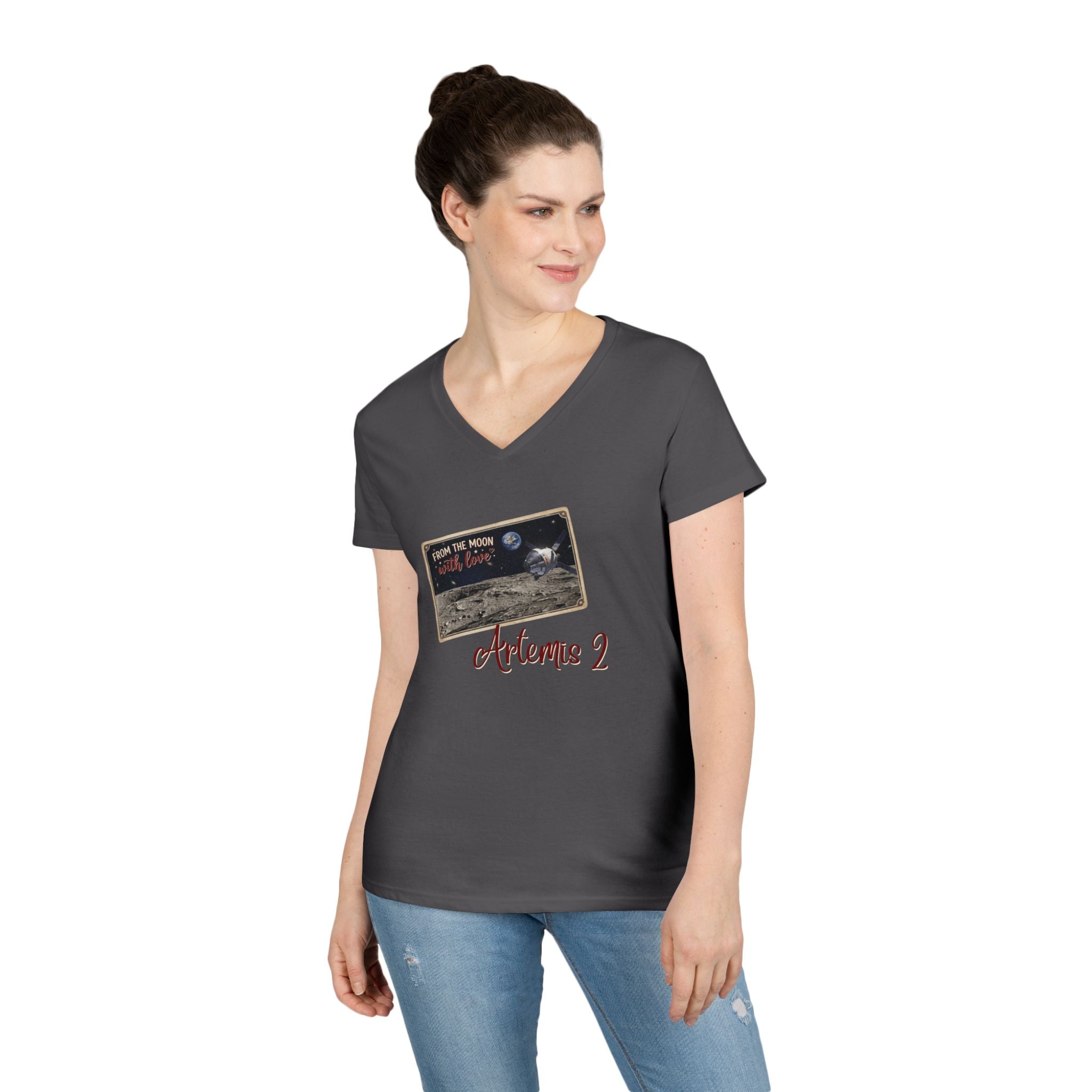 Artemis 2 Moon Postcard V-Neck T-Shirt | Lunar Mission Shirt
