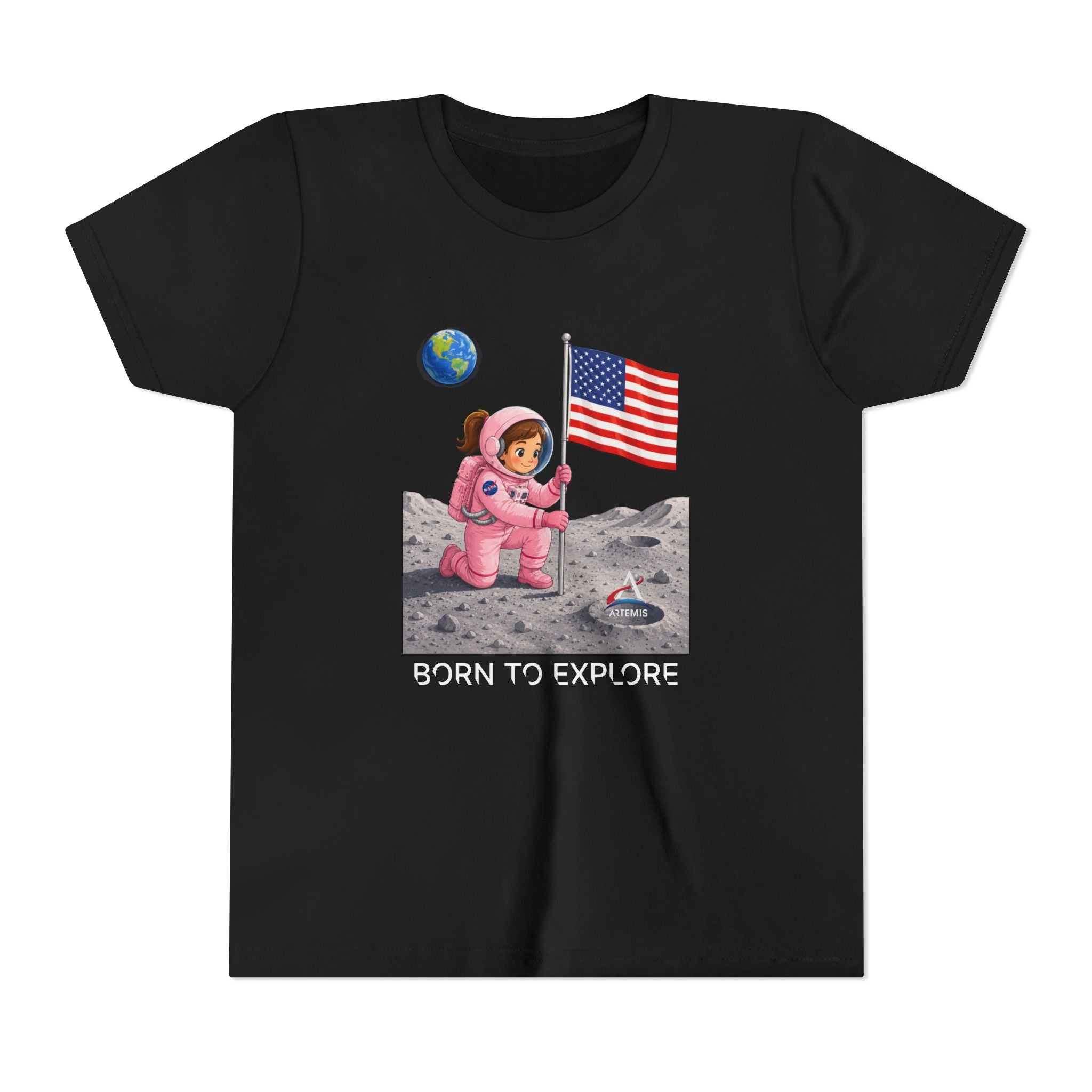 Kids Astronaut Moon Tee – Pink Space Explorer with American Flag