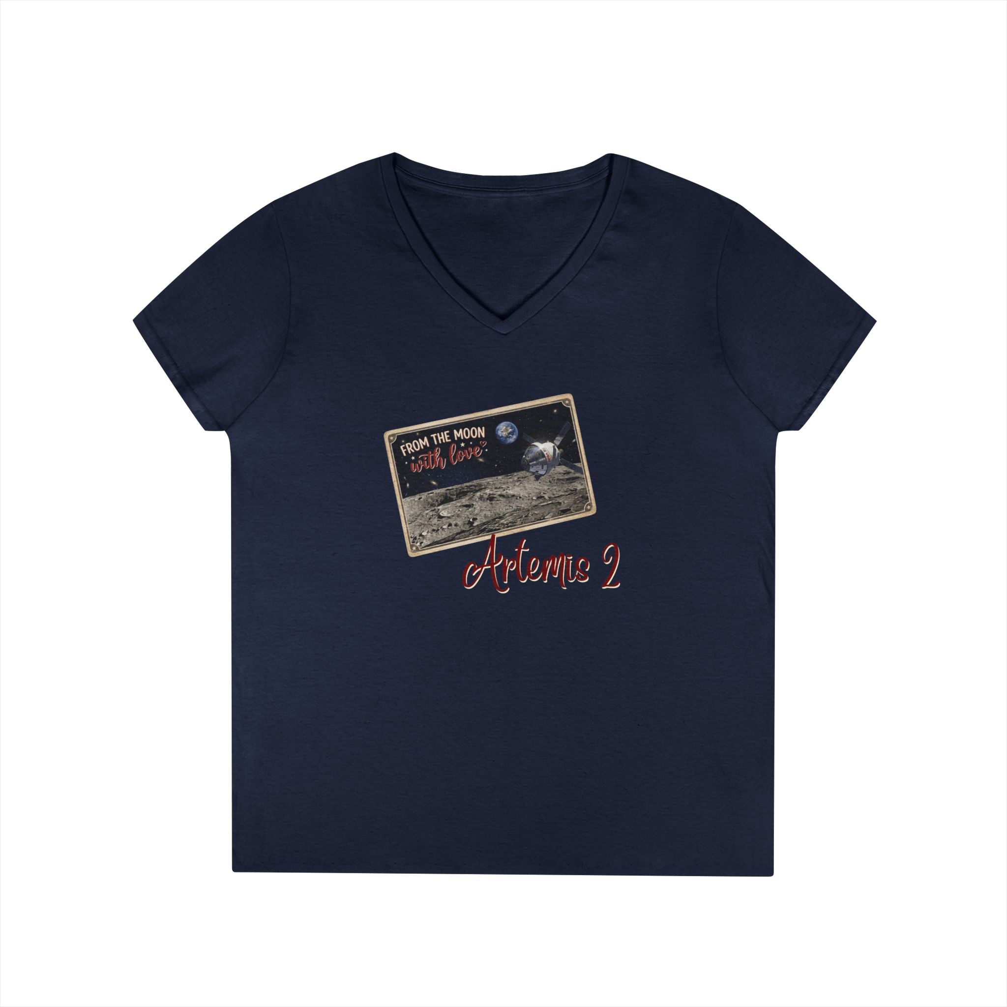 Artemis 2 Moon Postcard V-Neck T-Shirt | Lunar Mission Shirt