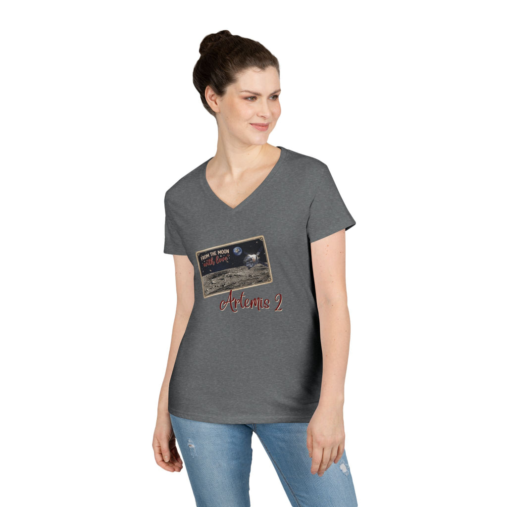 Artemis 2 Moon Postcard V-Neck T-Shirt | Lunar Mission Shirt