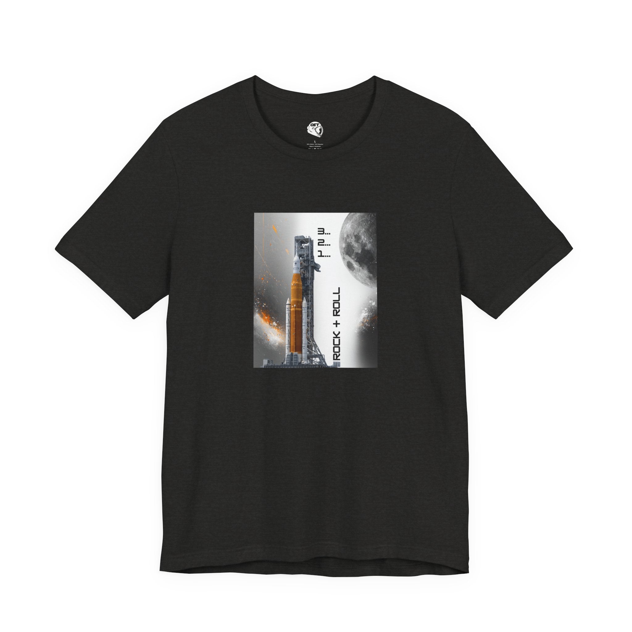 Artemis Rocket on Smoky Launchpad with Moon T-shirt | Space Launch Graphic Tee