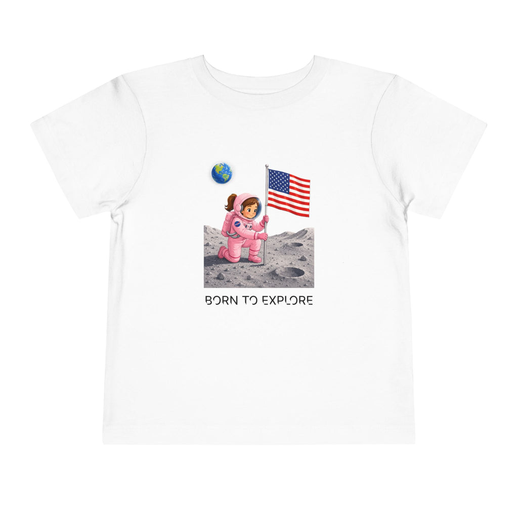 Toddler Astronaut Moon Tee – Pink Space Explorer with American Flag