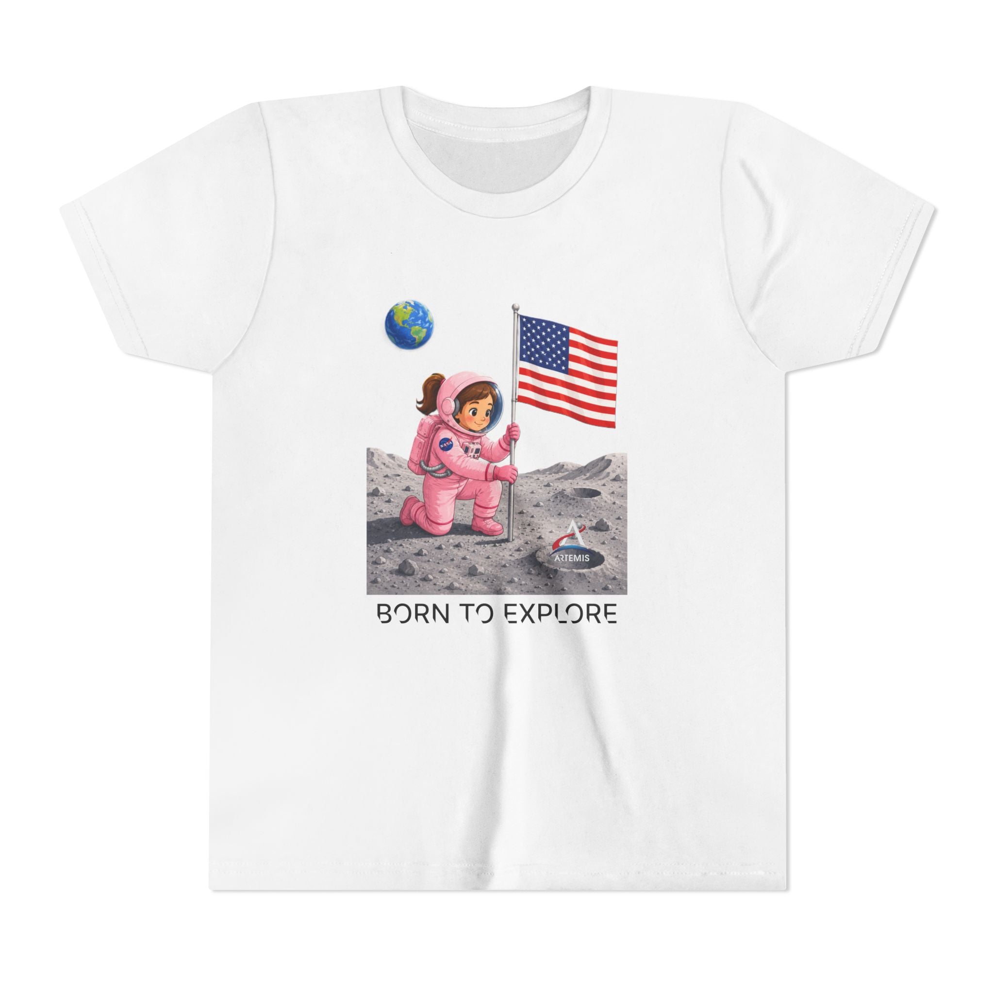 Kids Astronaut Moon Tee – Pink Space Explorer with American Flag