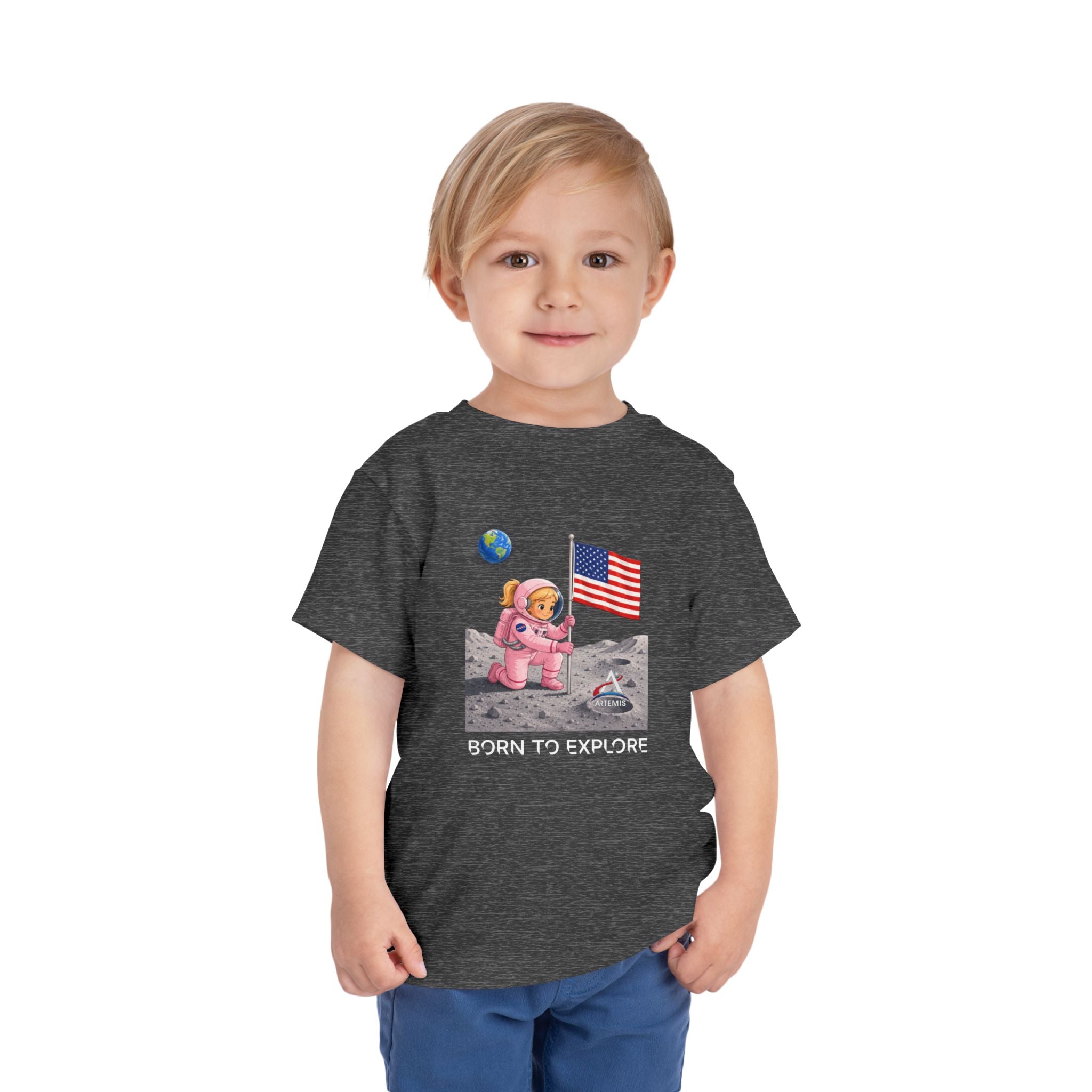 Toddler Astronaut Moon Tee – Pink Space Explorer with American Flag (Blonde)