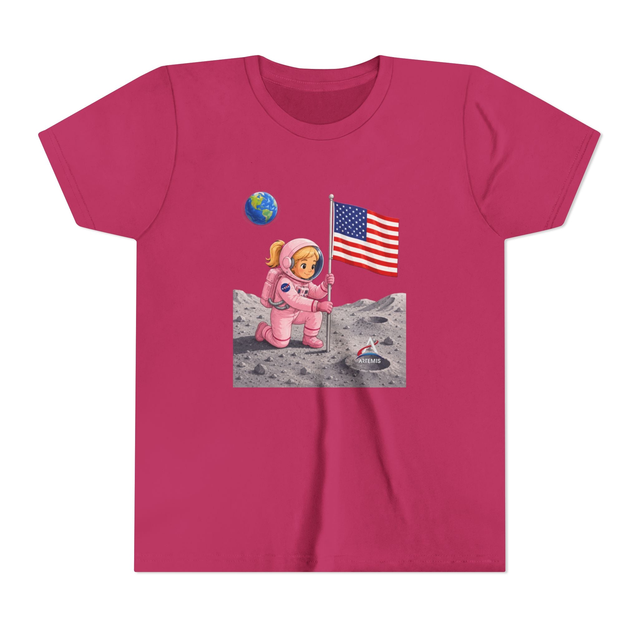 Kids Astronaut Moon Tee – Pink Space Explorer with American Flag (Blonde)