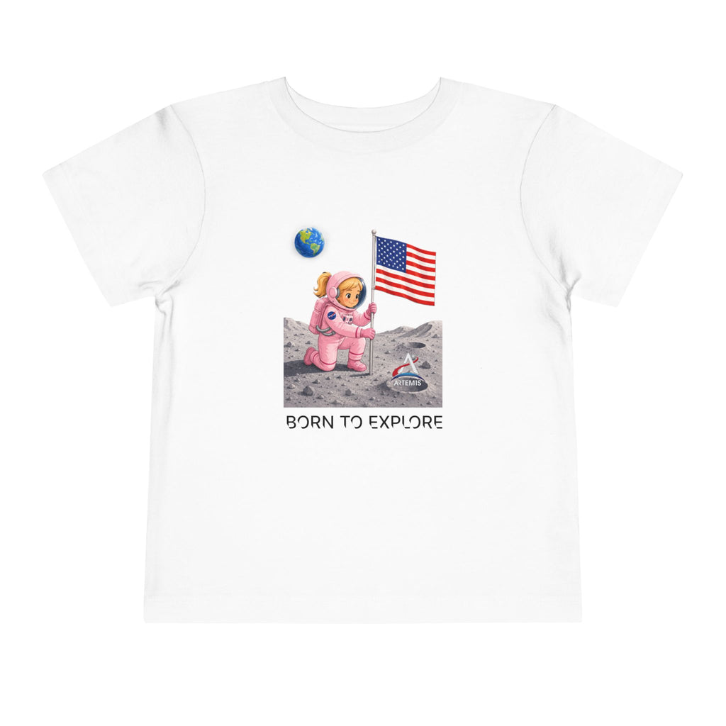 Toddler Astronaut Moon Tee – Pink Space Explorer with American Flag (Blonde)