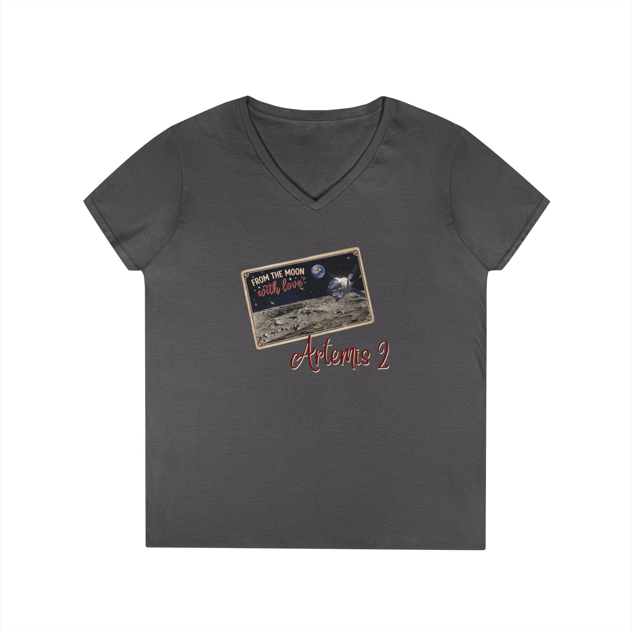 Artemis 2 Moon Postcard V-Neck T-Shirt | Lunar Mission Shirt