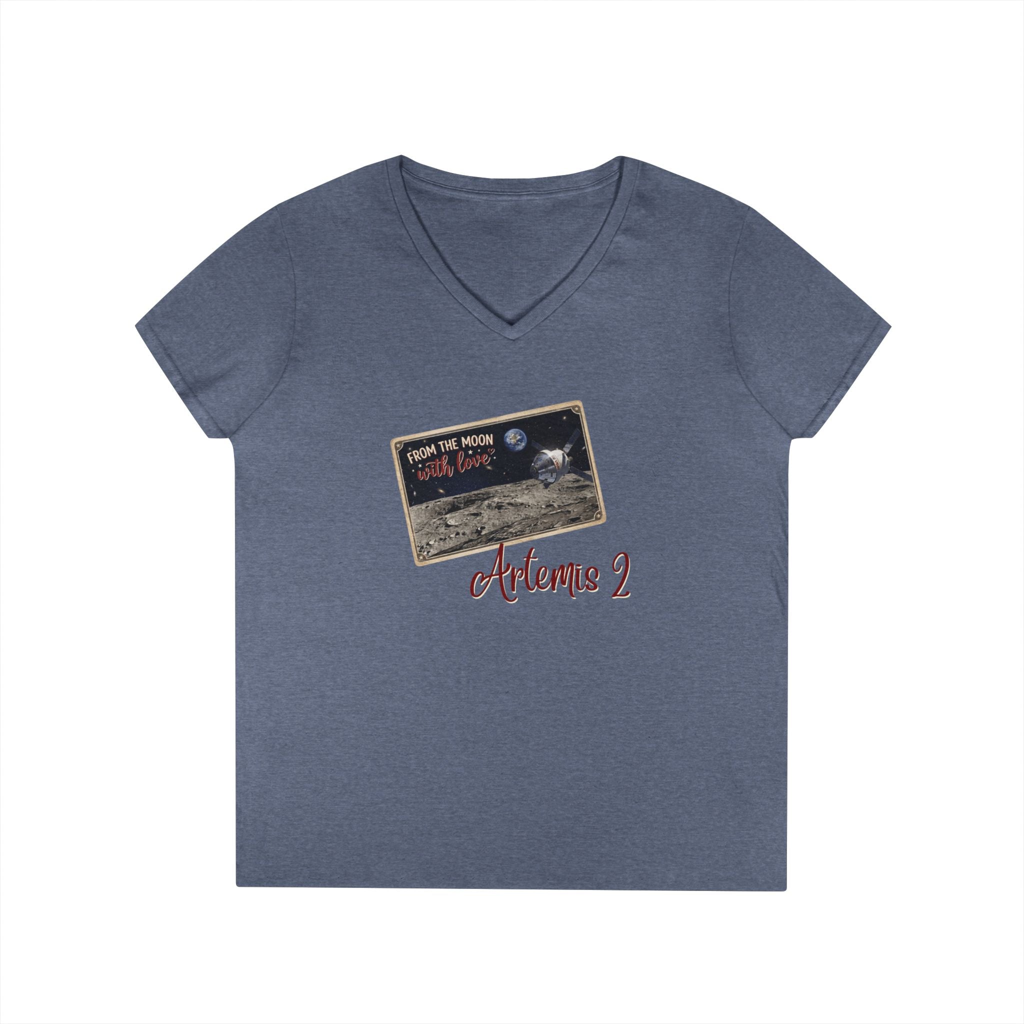 Artemis 2 Moon Postcard V-Neck T-Shirt | Lunar Mission Shirt