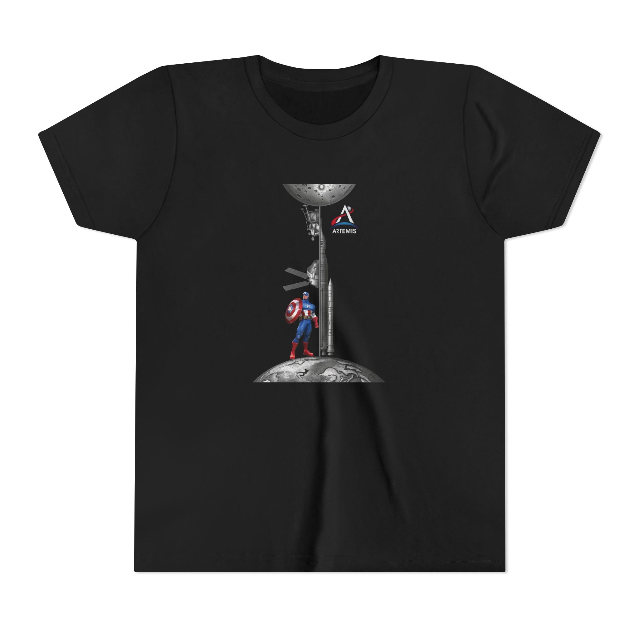 Superhero Shield Kid Tee | Space Elevator Astronaut Graphic