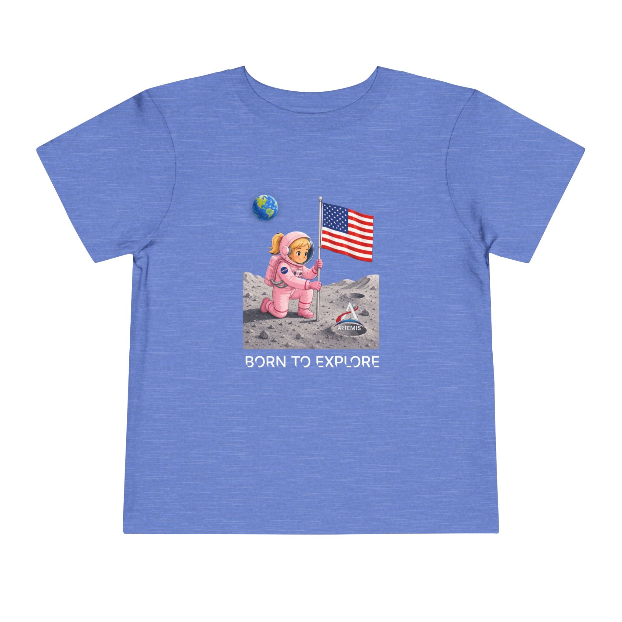 Toddler Astronaut Moon Tee – Pink Space Explorer with American Flag (Blonde)