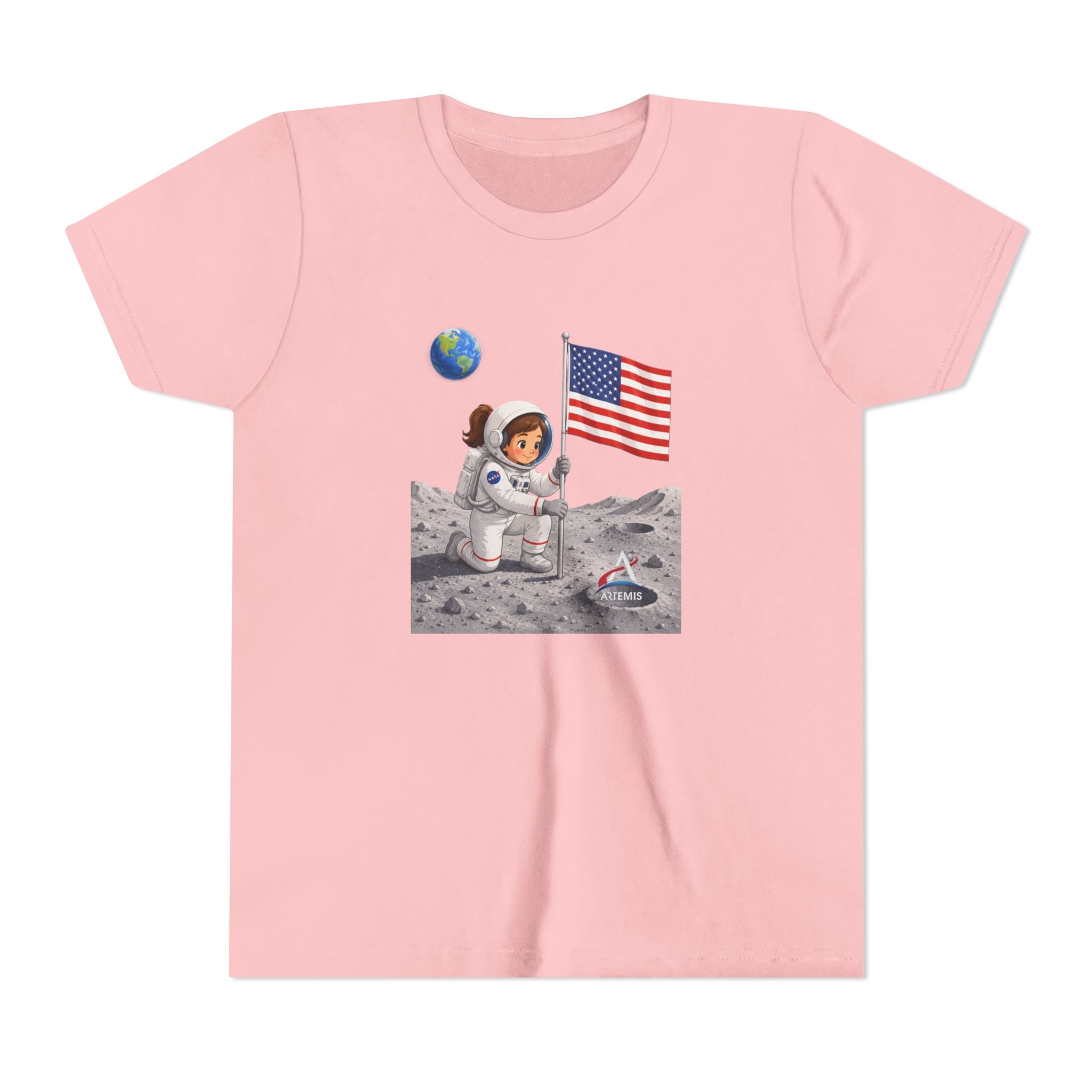 Kids Astronaut Moon Tee – Pink Space Explorer with American Flag