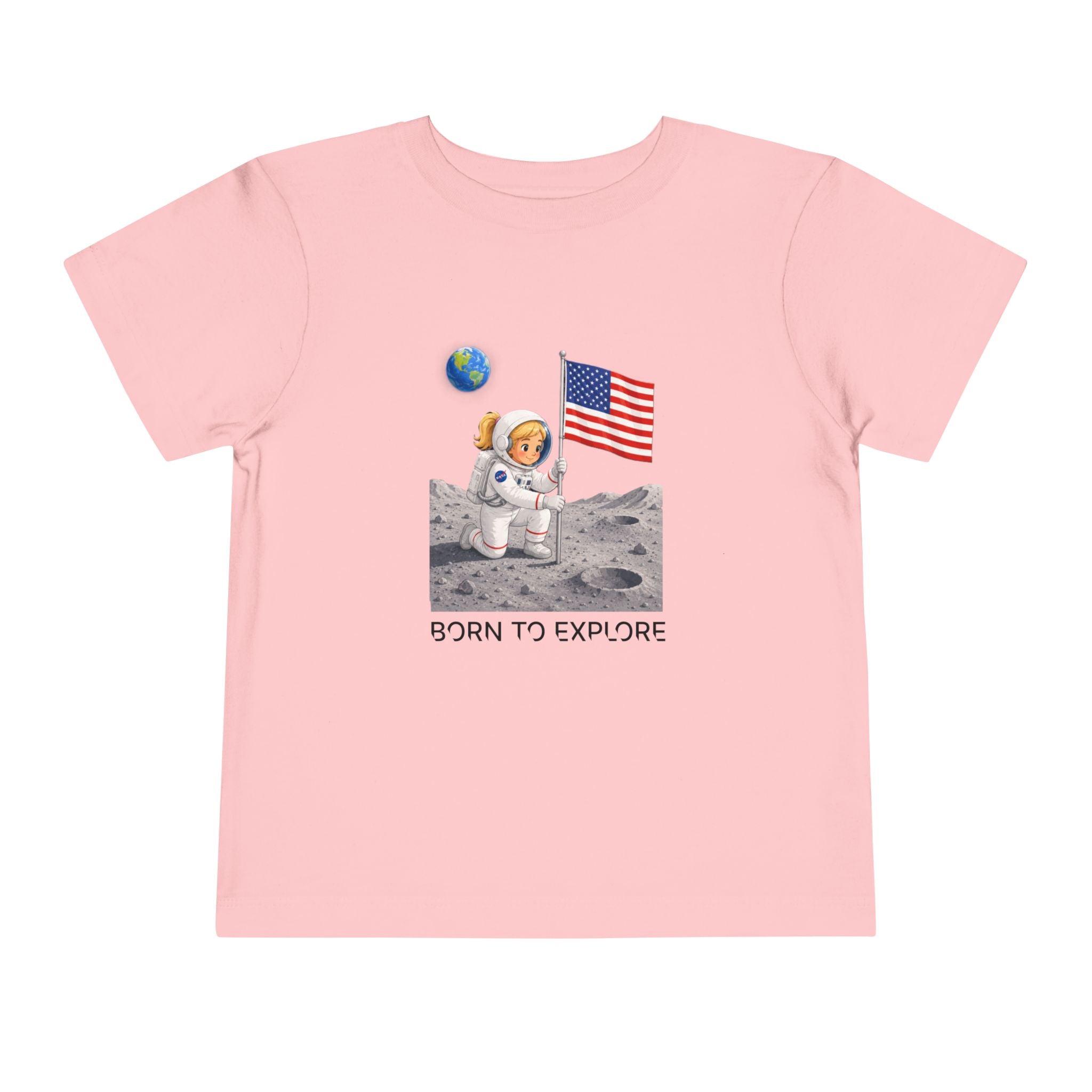 Toddler Astronaut Moon Tee – Pink Space Explorer with American Flag (Blonde)