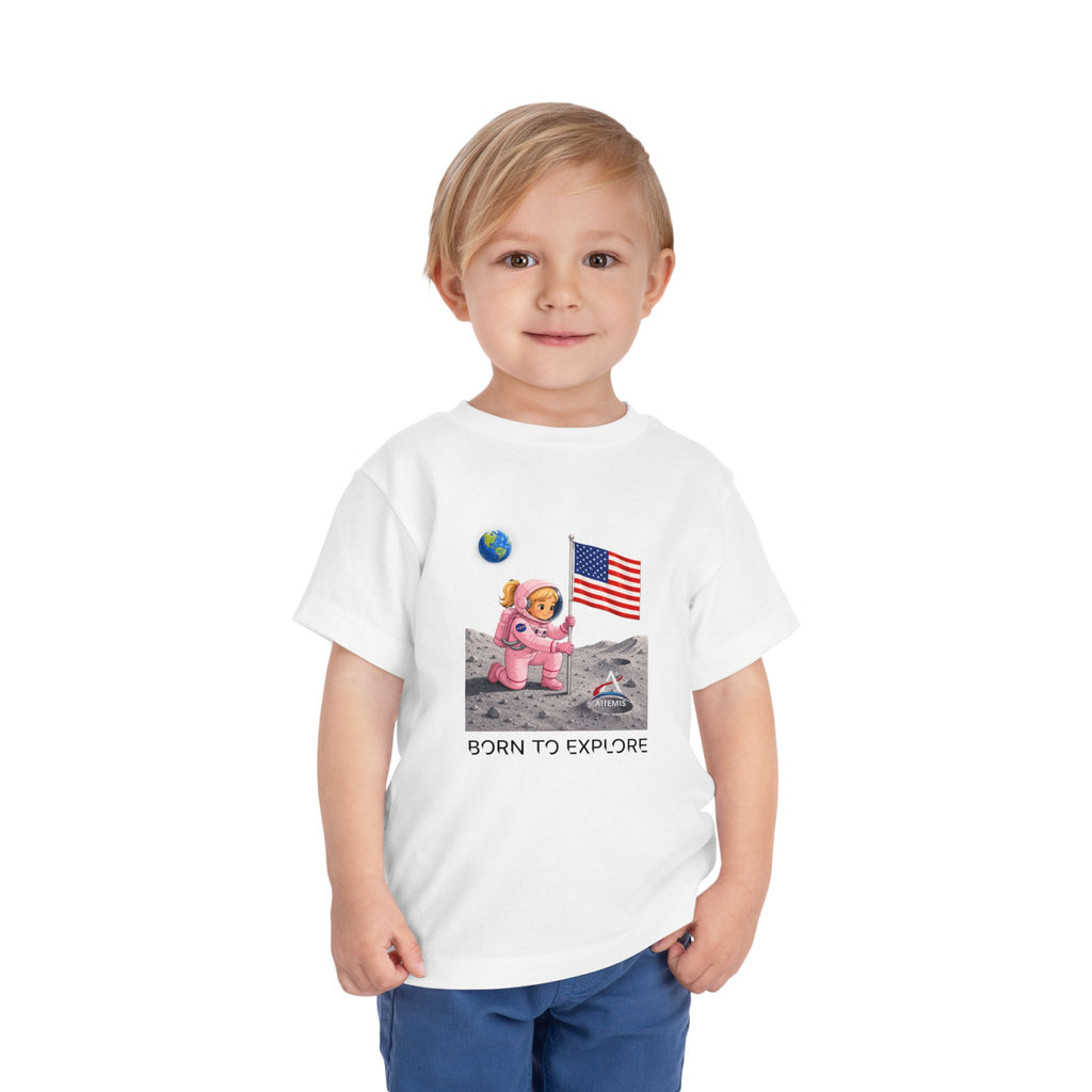 Toddler Astronaut Moon Tee – Pink Space Explorer with American Flag (Blonde)