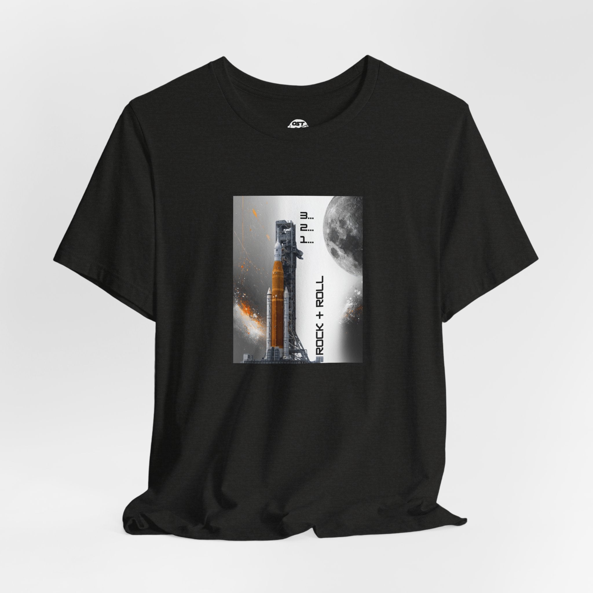 Artemis Rocket on Smoky Launchpad with Moon T-shirt | Space Launch Graphic Tee