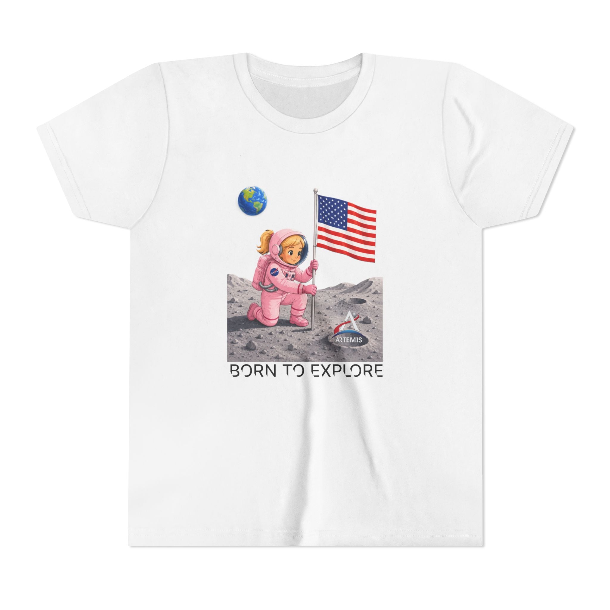 Kids Astronaut Moon Tee – Pink Space Explorer with American Flag (Blonde)