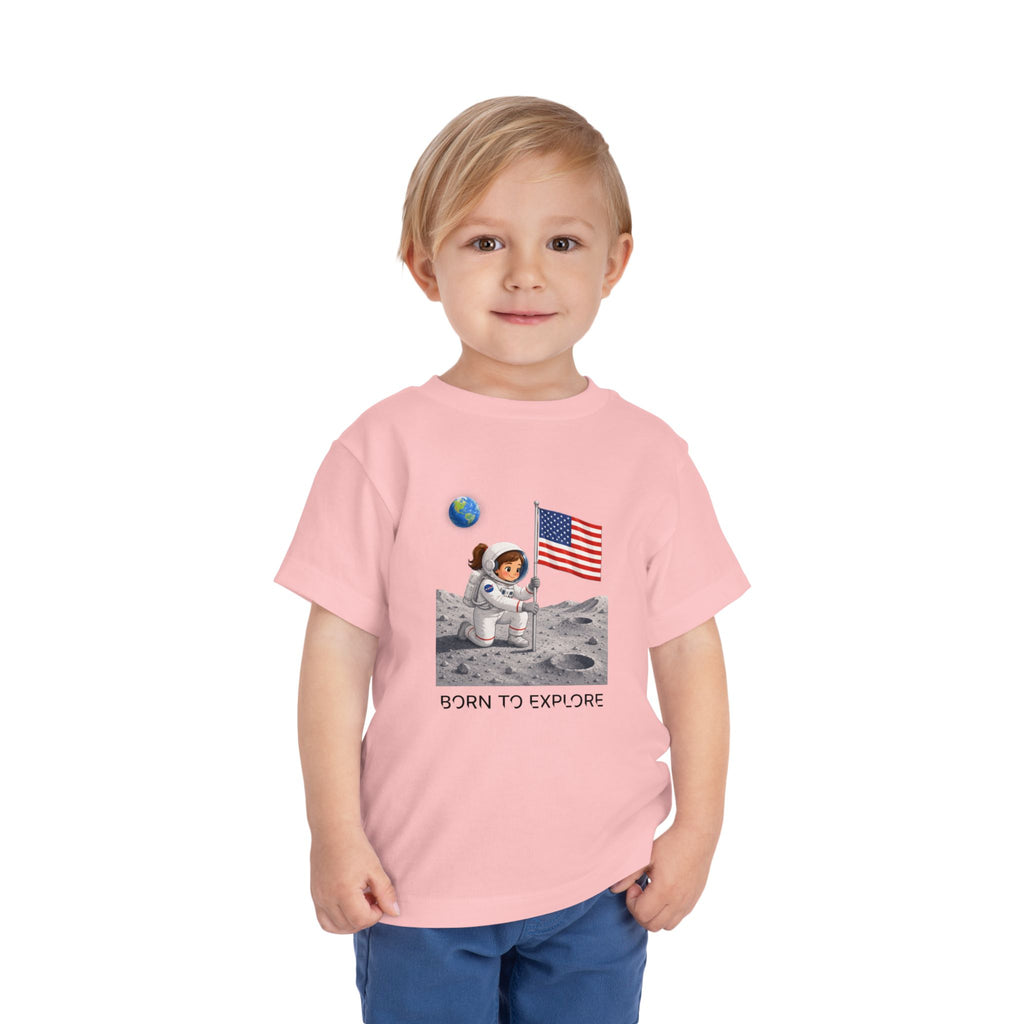 Toddler Astronaut Moon Tee – Pink Space Explorer with American Flag